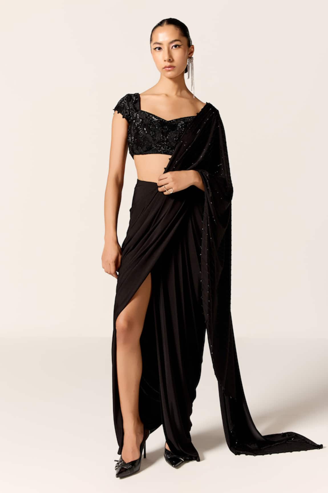 Manika Nanda Black High Slit Pre-Draped Saree With Blouse 