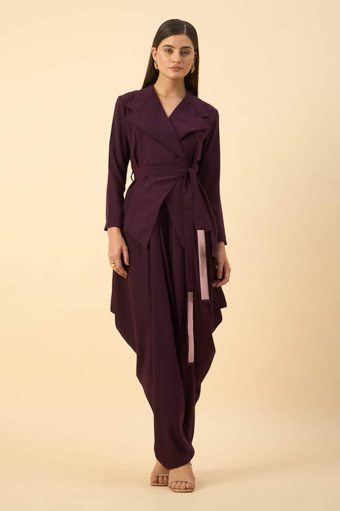 Aakaar Purple Moss Crepe Blazer Dhoti Set 