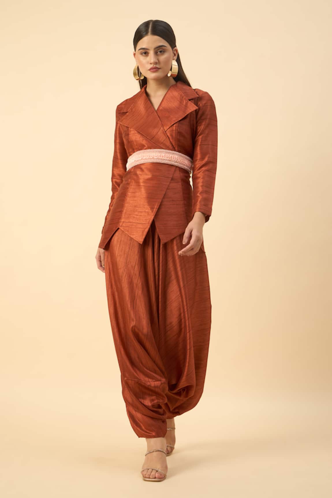 Aakaar Copper Brown Matka Silk Dhoti Set 