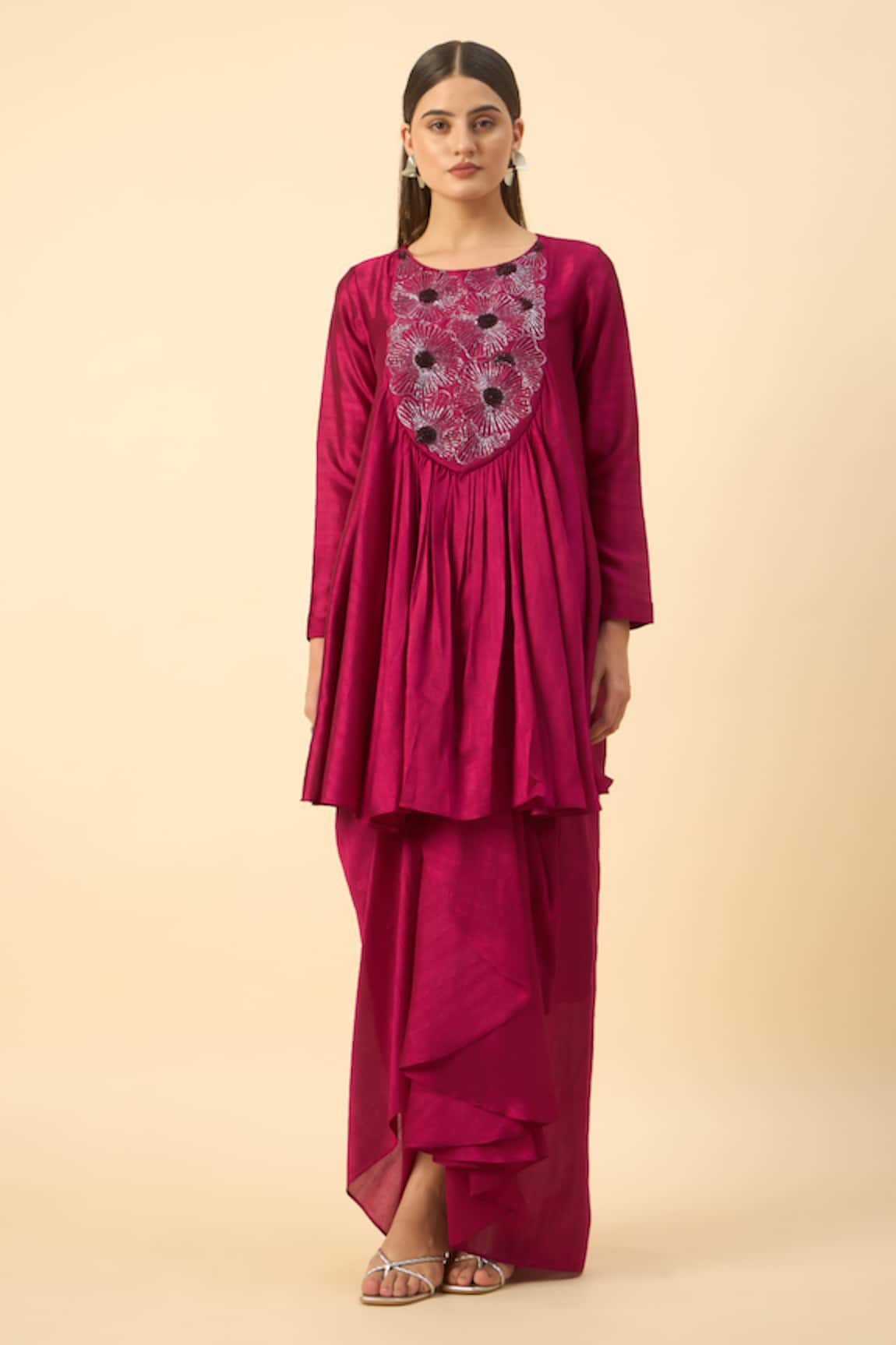 Aakaar Pink Matka Silk Tunic & Draped Skirt Set 