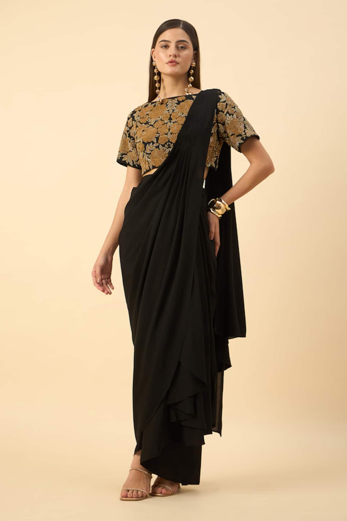 Aakaar Black Pure Silk Crepe Pre-Draped Saree Set 