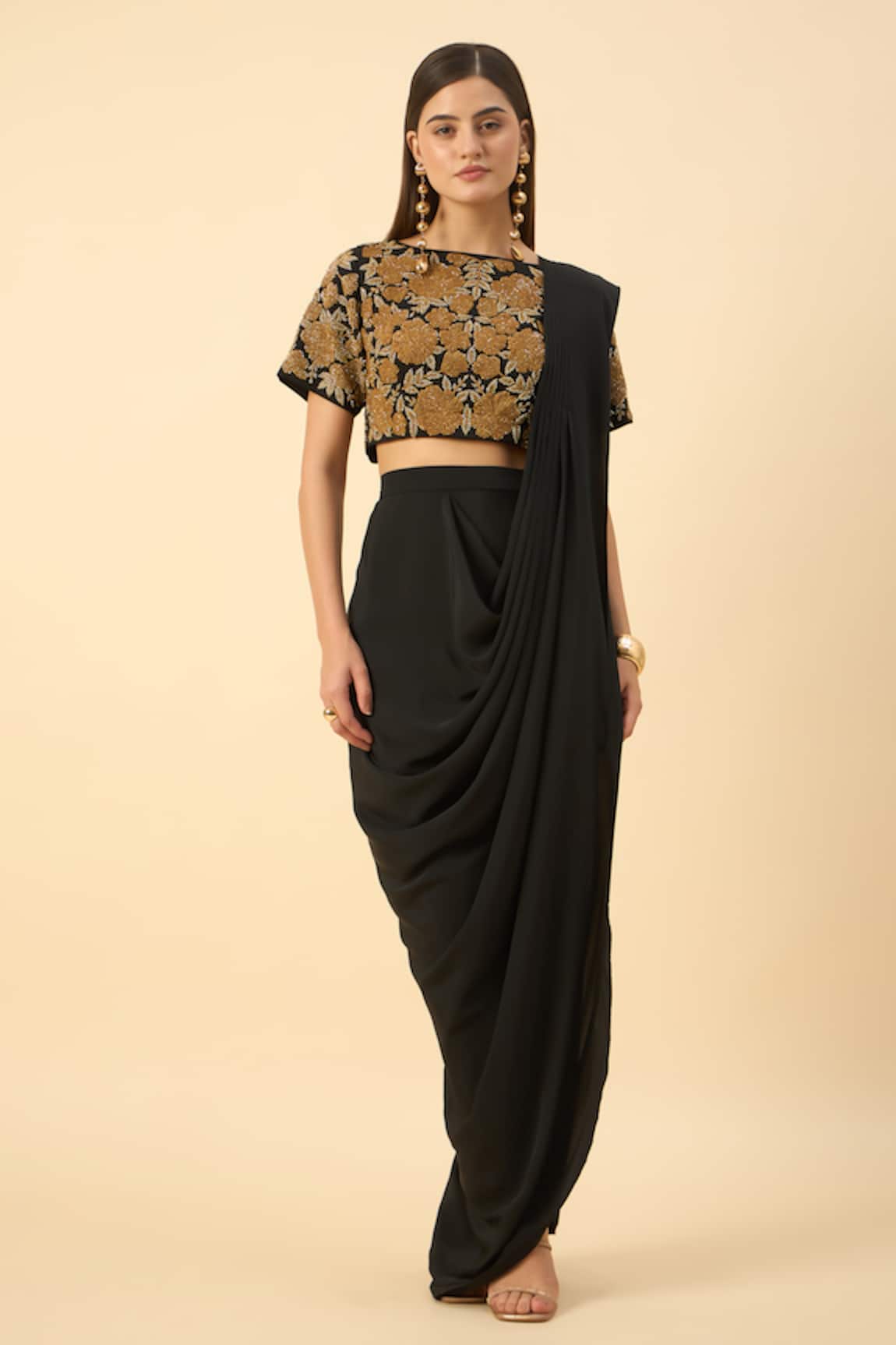 Aakaar Black Silk Crepe Pre-Draped Saree Set 
