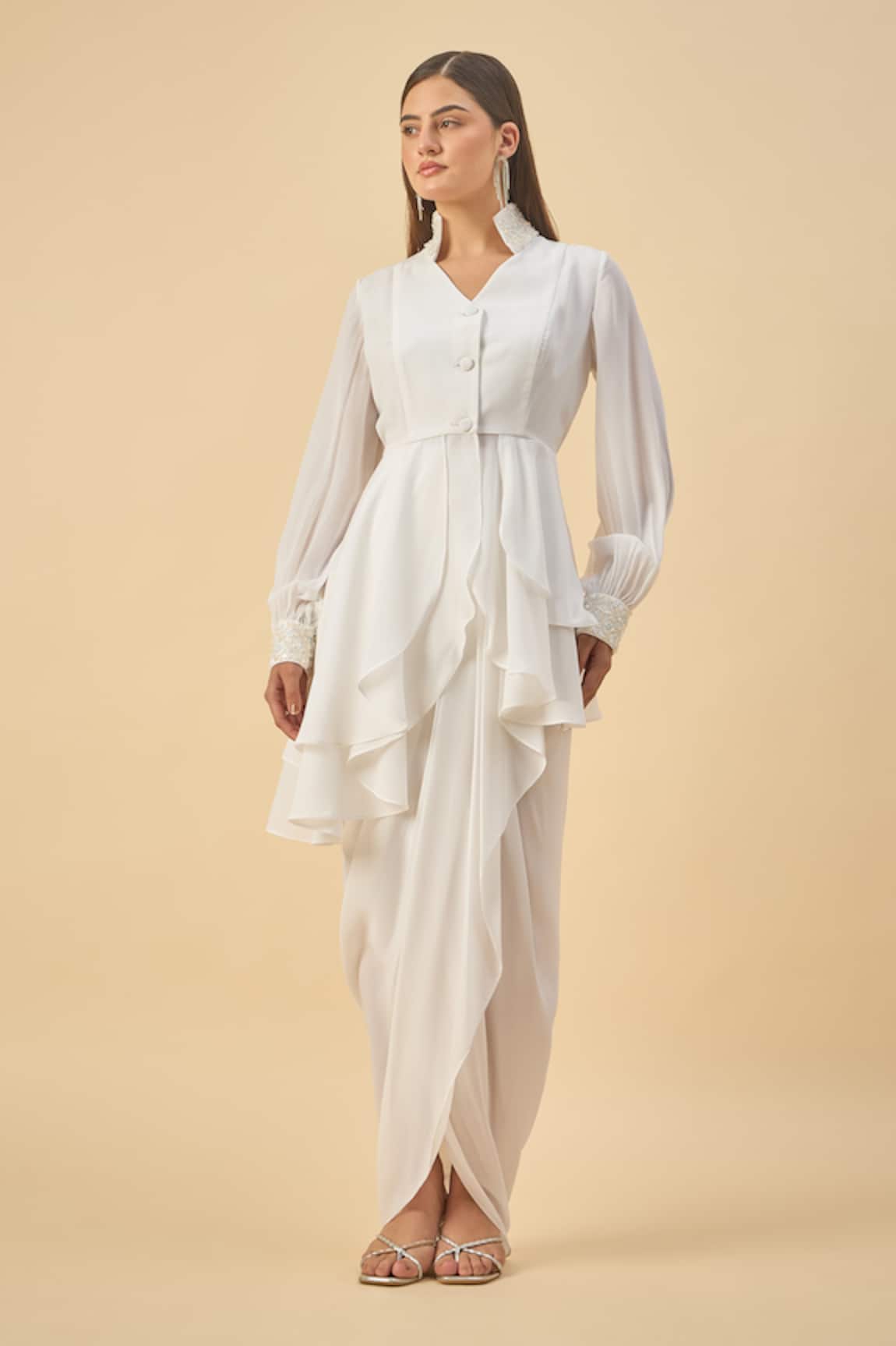 Aakaar White Moss Crepe Tunic & Draped Skirt Set 