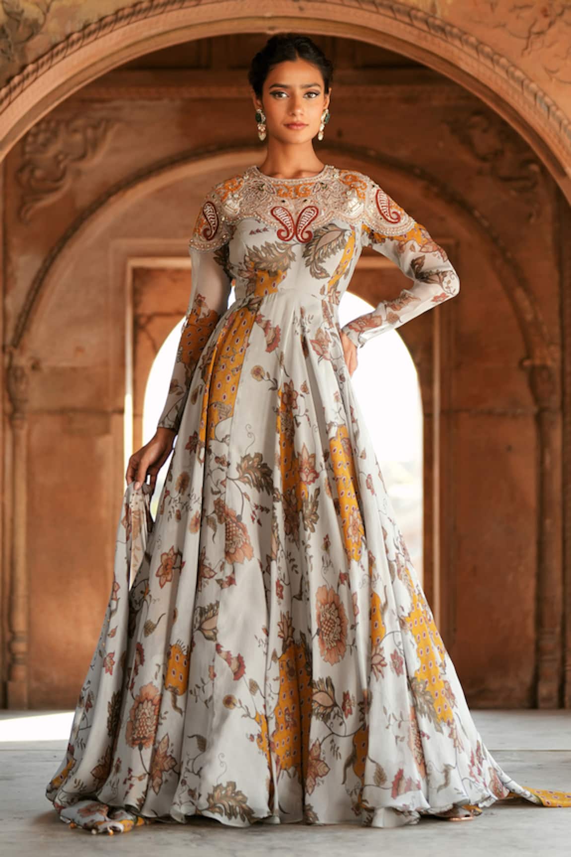 Isha Gupta Tayal Grey Floral Anarkali Set 