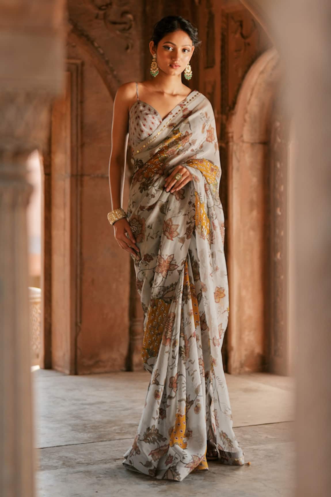 Isha Gupta Tayal Grey Floral Printed Designer Saree Set 