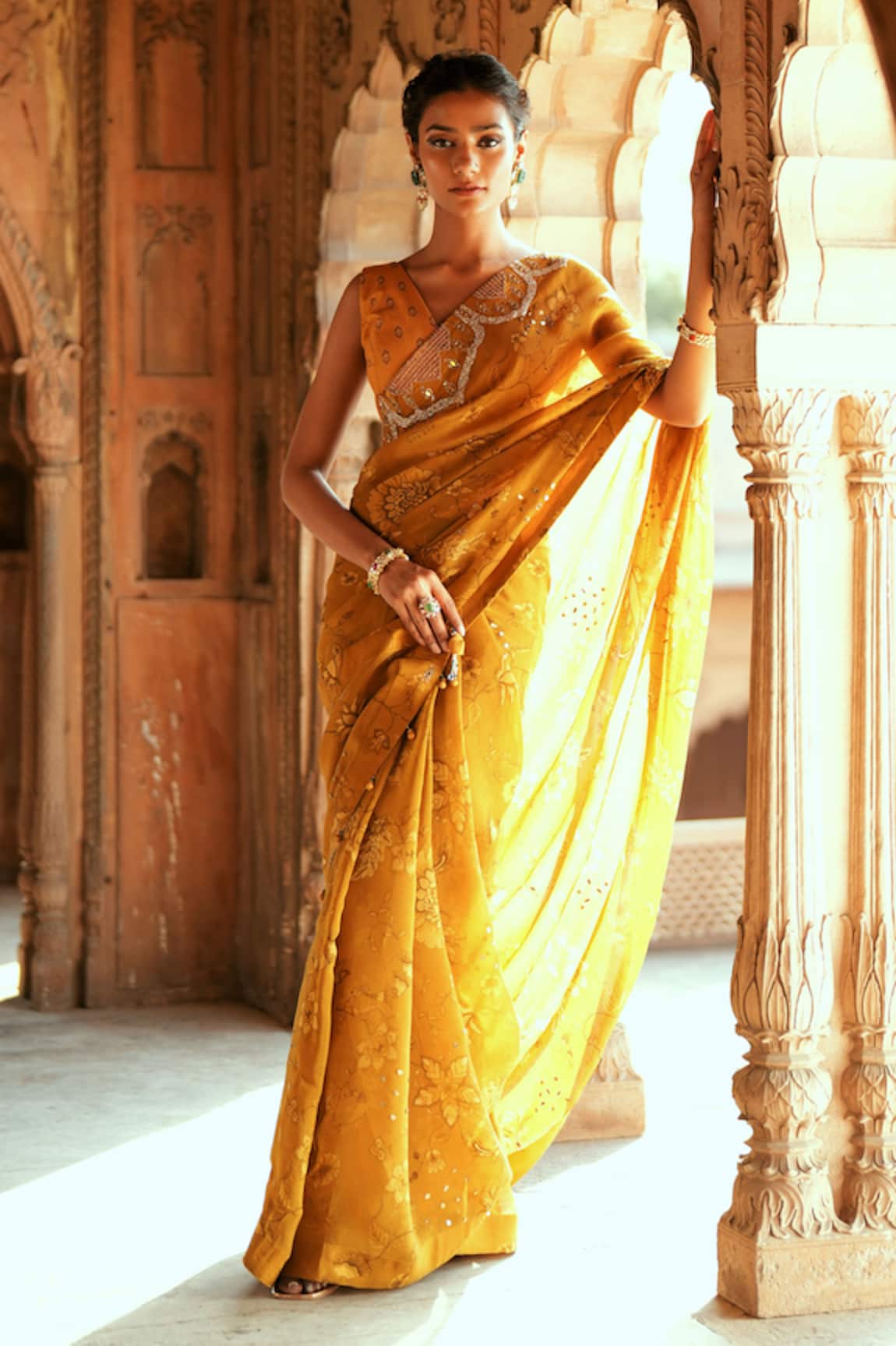 Isha Gupta Tayal Gold Organza Printed Saree Set 