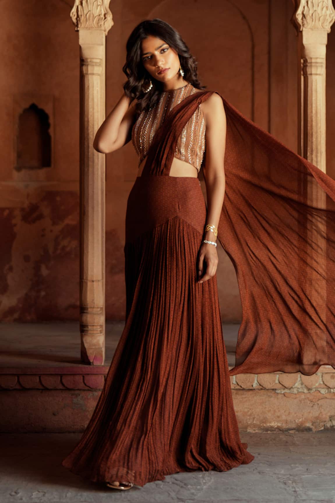 Isha Gupta Tayal Brown Georgette Pre-Draped Lehenga Saree 