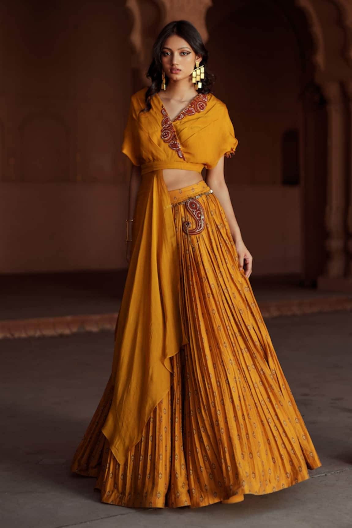 Isha Gupta Tayal Yellow Chanderi Fusion Lehenga Set 