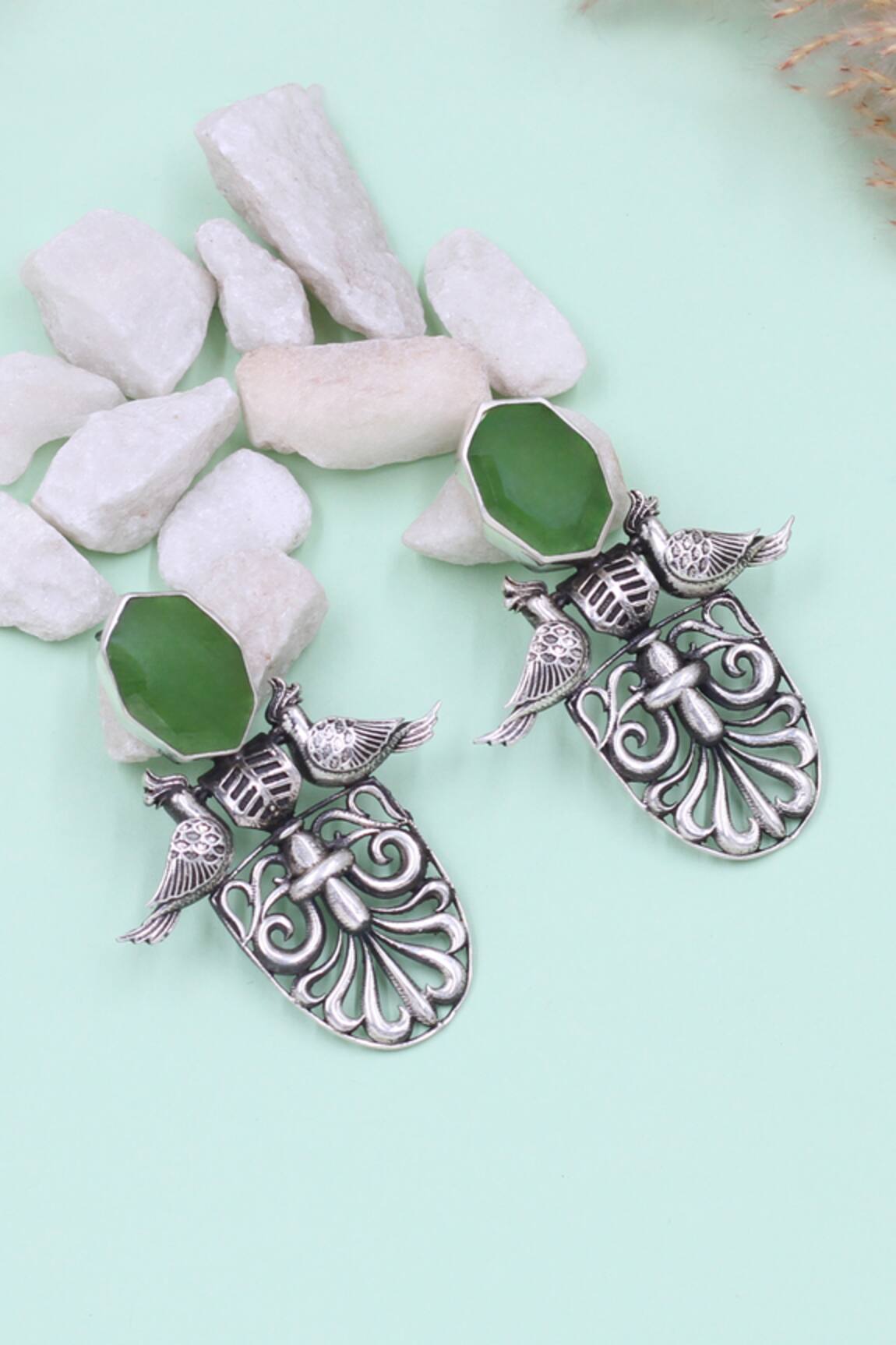 Sangeeta Boochra Ornate Simplicity Green Onyx Silver Earrings 
