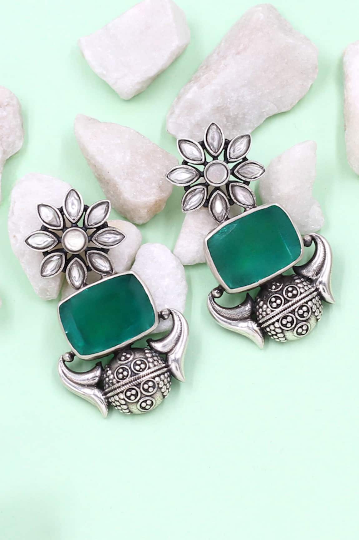 Sangeeta Boochra Green Onyx Silver Handcrafted Earrings 