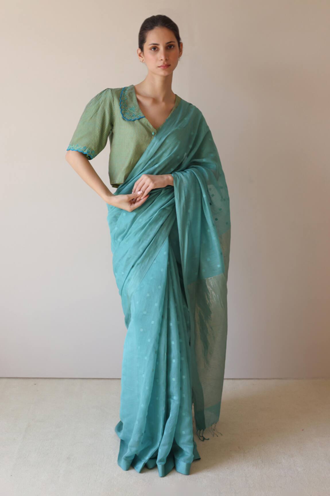 Surmaye Teal Wildflower Meadow Jamdani Saree 