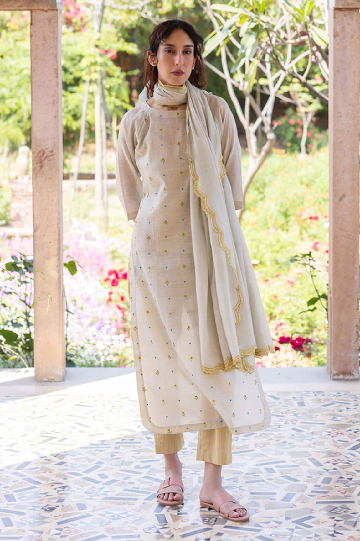 Surmaye Light Beige Handloom Cotton Kurta Set 