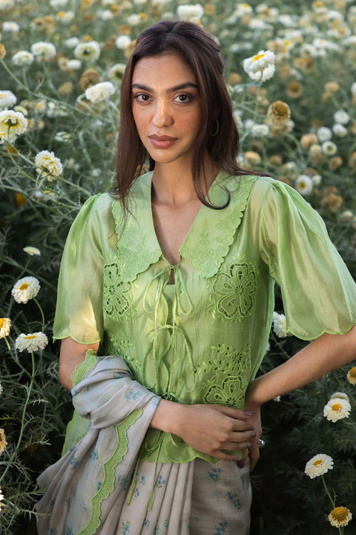 Surmaye Handwoven Organza Spring Green Blouse 