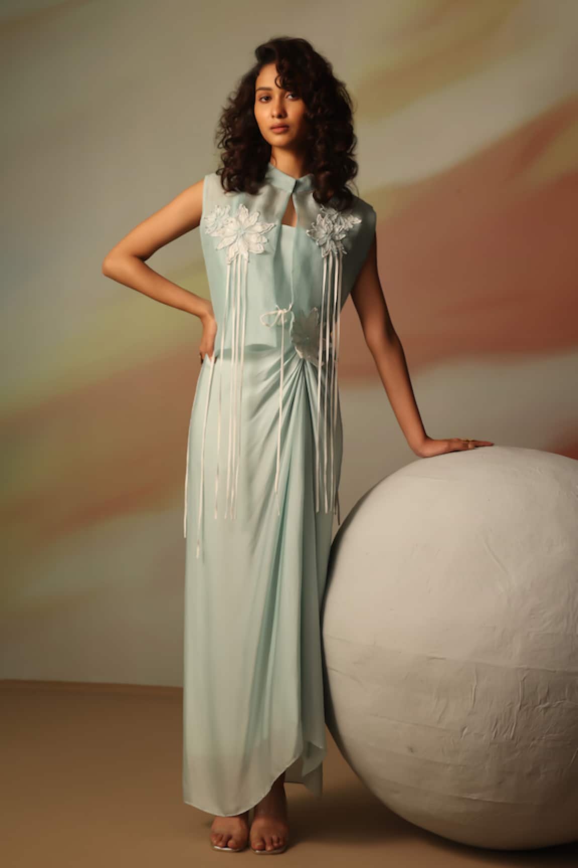 Vanshika Agarwal Label Blue Satin Georgette Maxi Dress & Jacket Set 