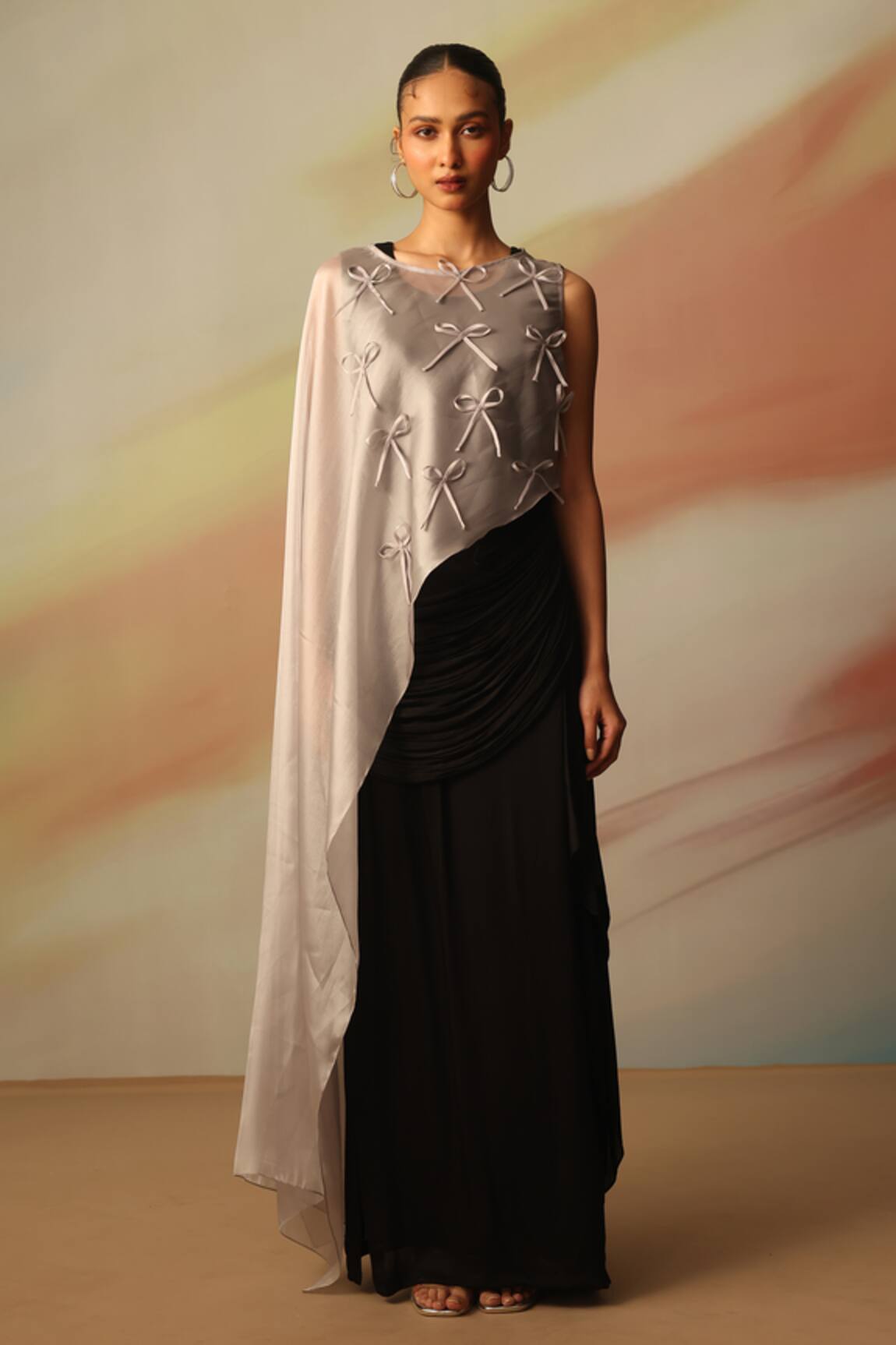 Vanshika Agarwal Label Black & Silver Satin Georgette Skirt Set 