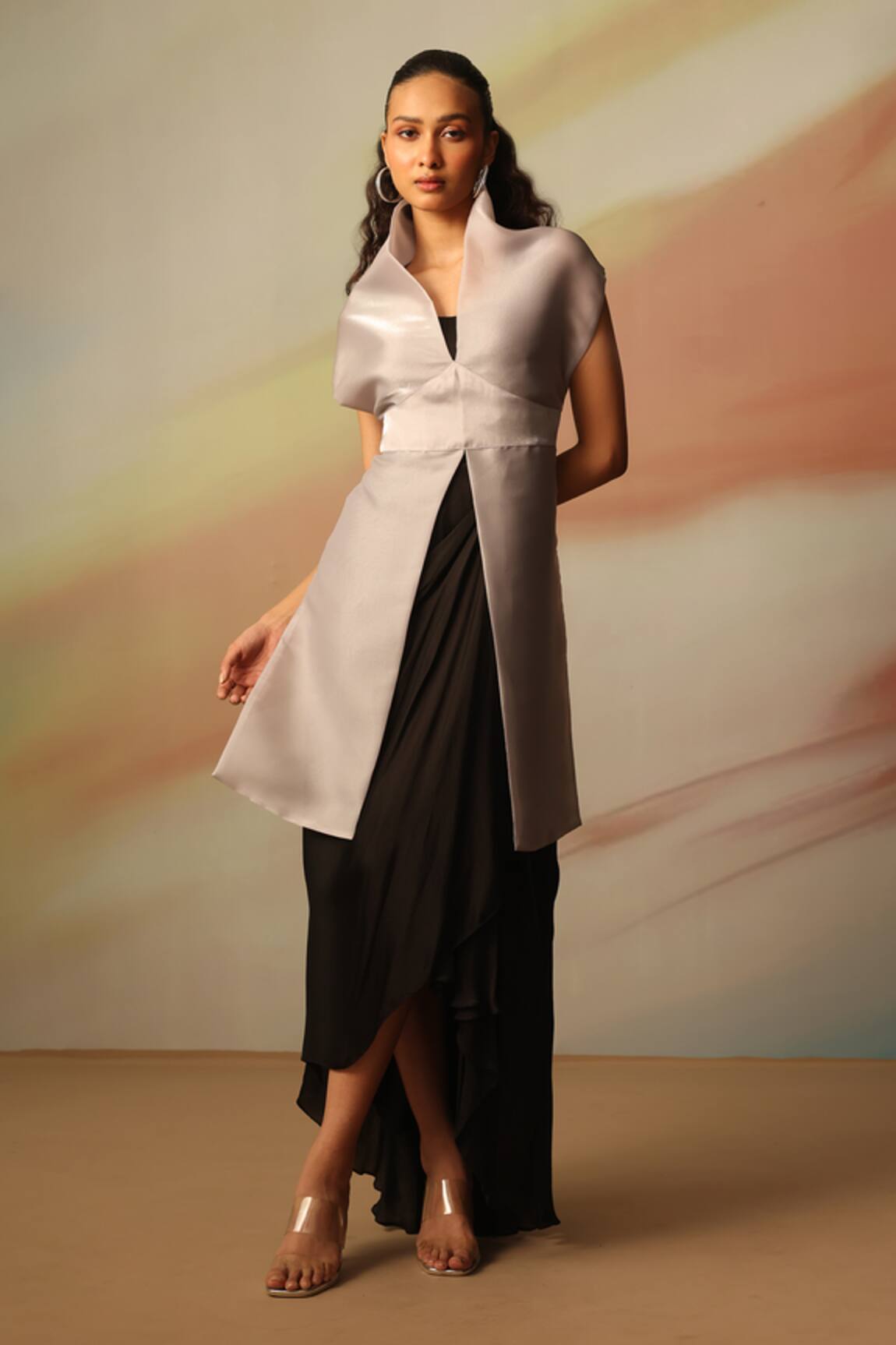Vanshika Agarwal Label Black Satin Georgette Midi Dress 