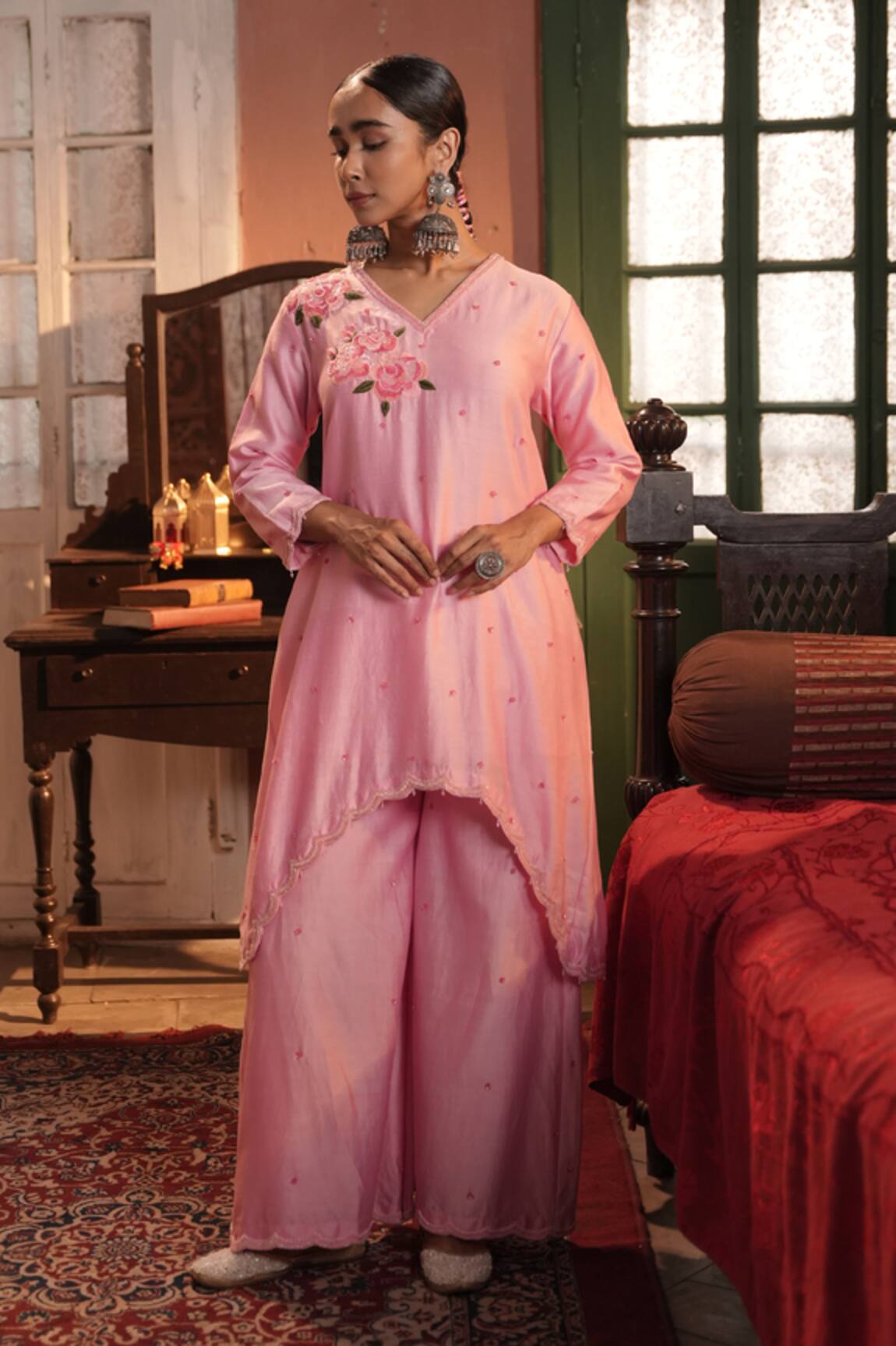 Midushi Bajoria Pink Silk Chanderi Kurta Pant Set 