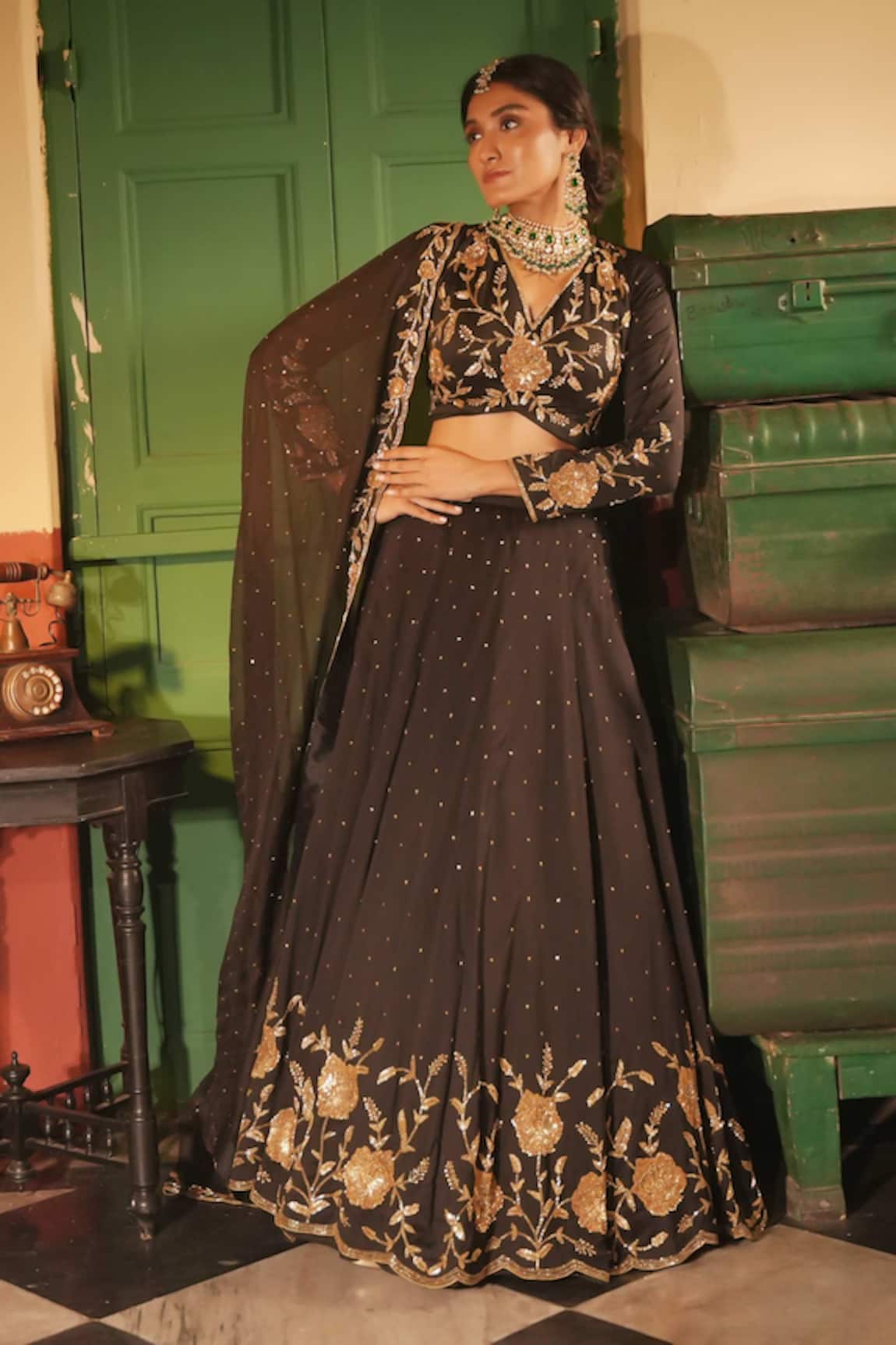 Midushi Bajoria Classic Black Tissue Lehenga Set 