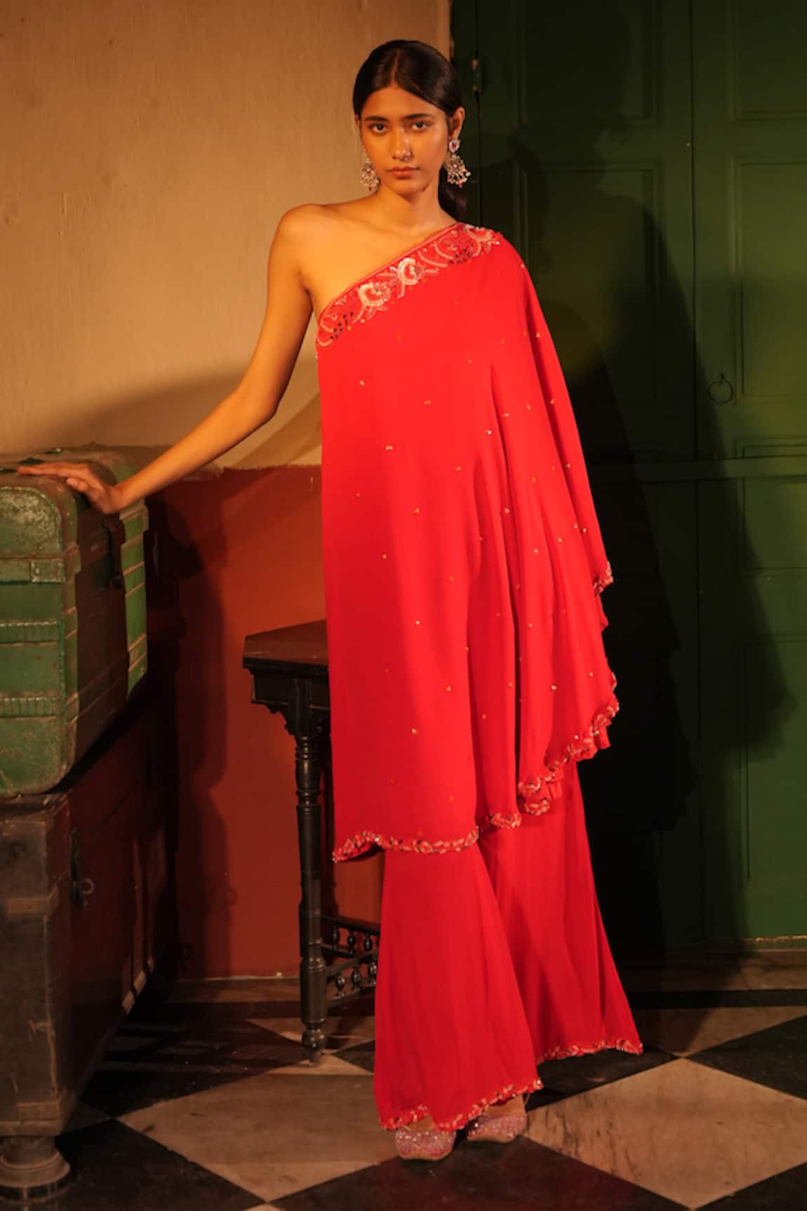 Midushi Bajoria Red Georgette Tunic & Sharara Set 