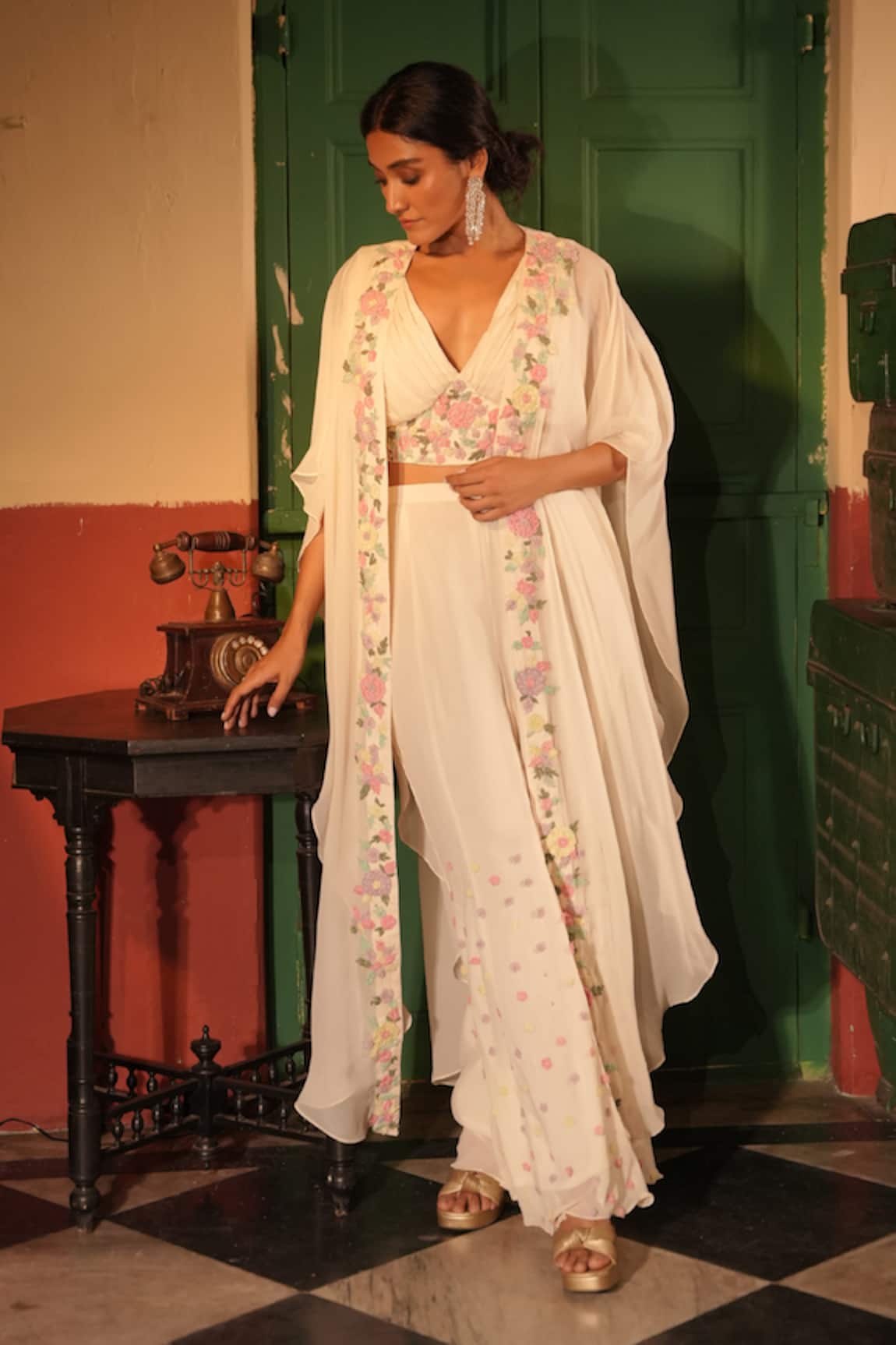 Midushi Bajoria Off White Floral Cape & Sharara Set 