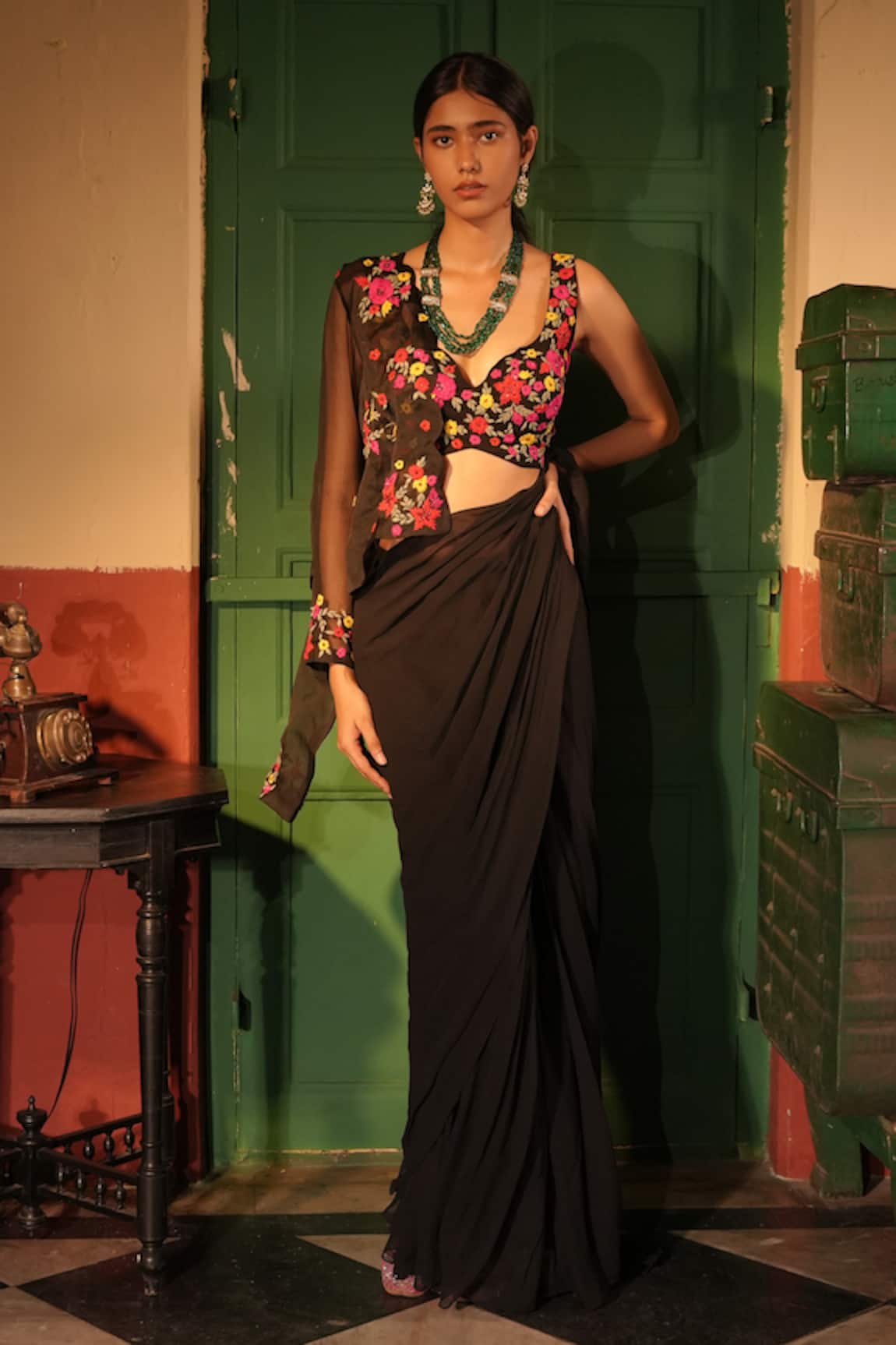 Midushi Bajoria Black Organza Georgette Pre-Draped Saree Set 