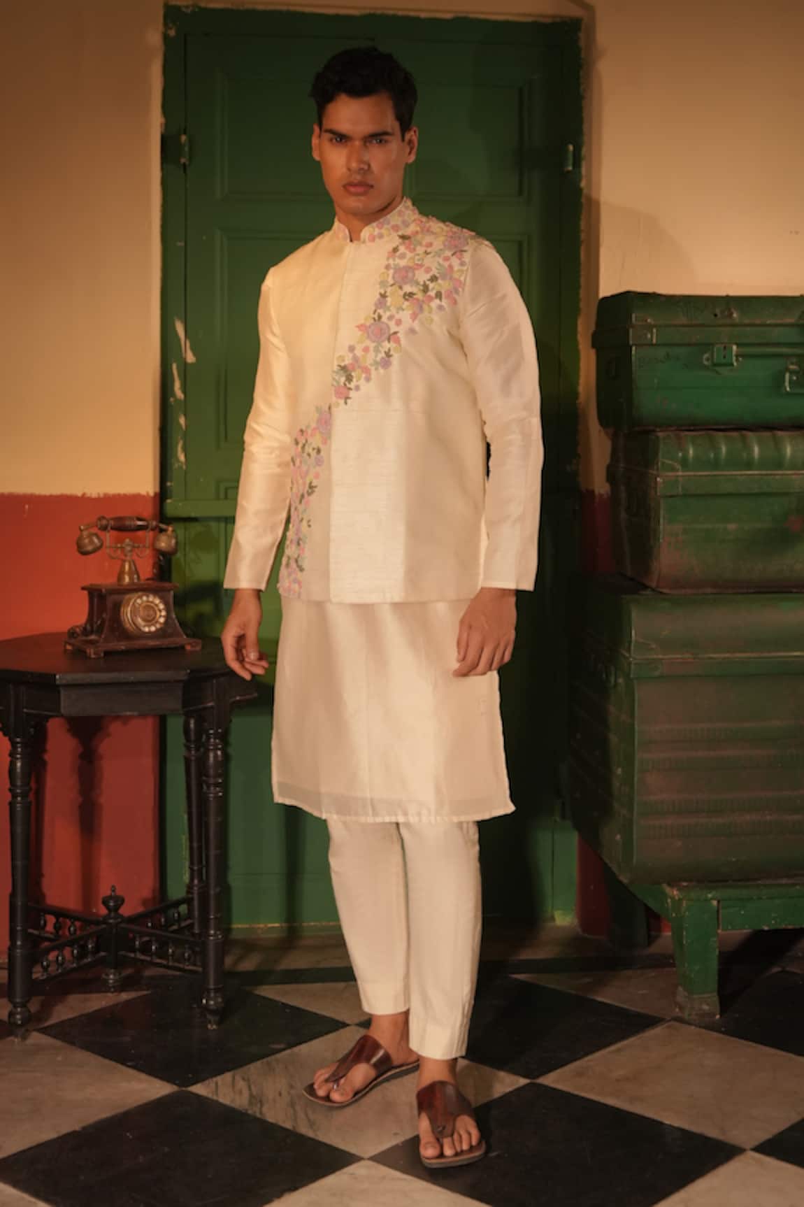 Midushi Bajoria Off White Embroidered Bundi Kurta Pant Set 
