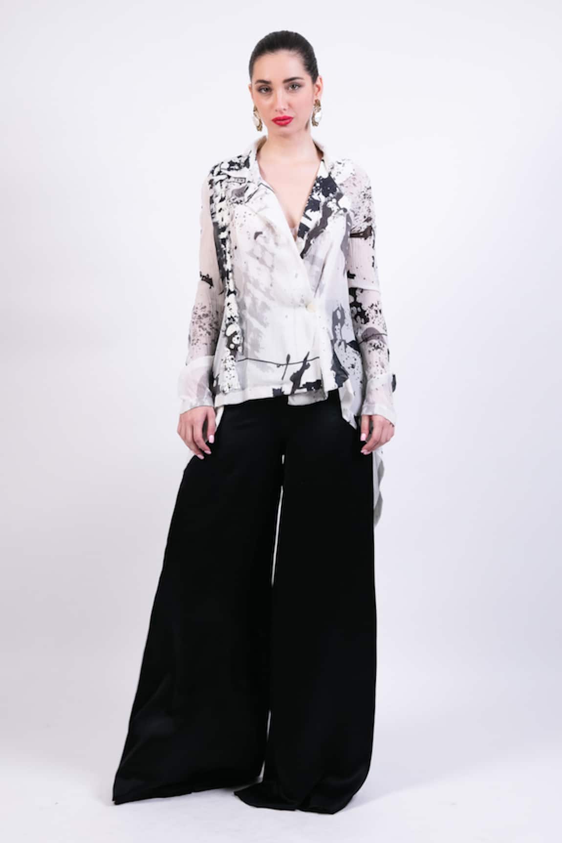 AK-OK Black & White Silk Shirt Pant Set 