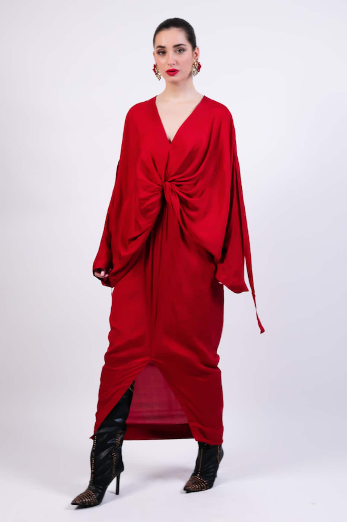 AK-OK Red Silk Draped Kaftan 