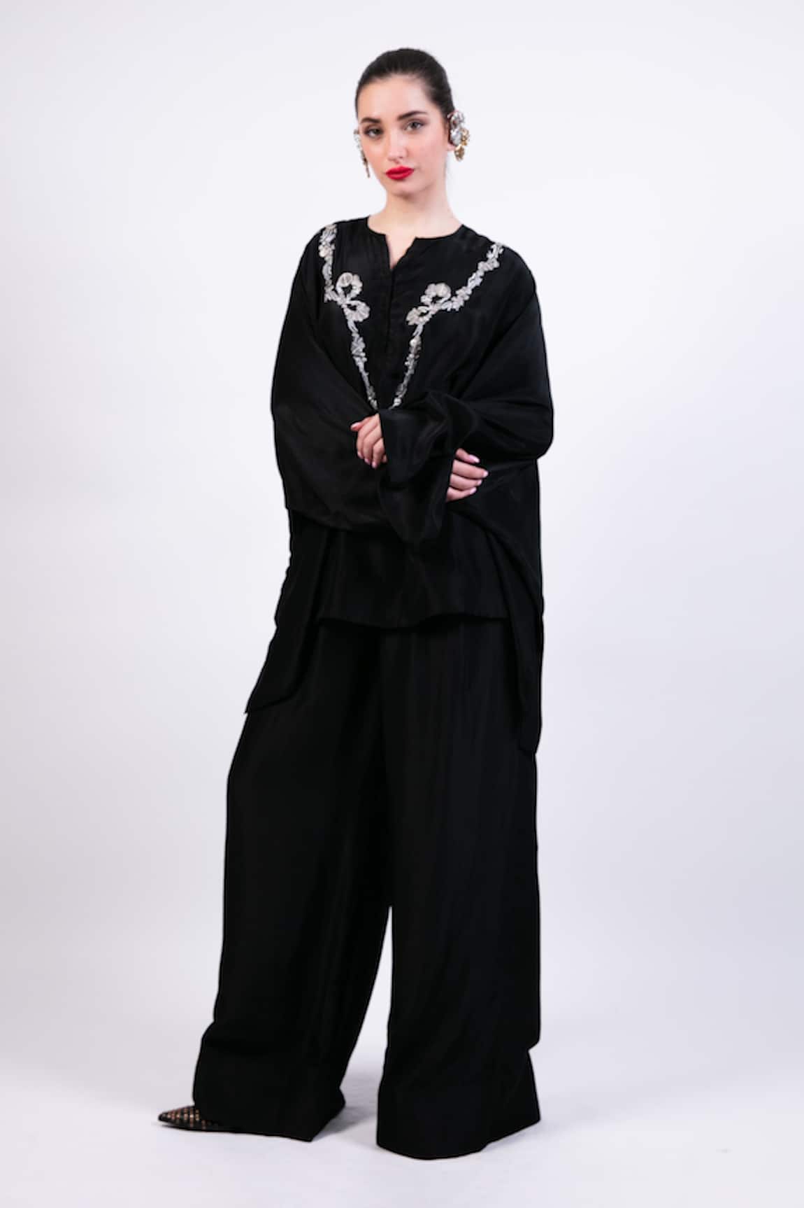 AK-OK Black Silk Embroidered Kurta Pant Set 