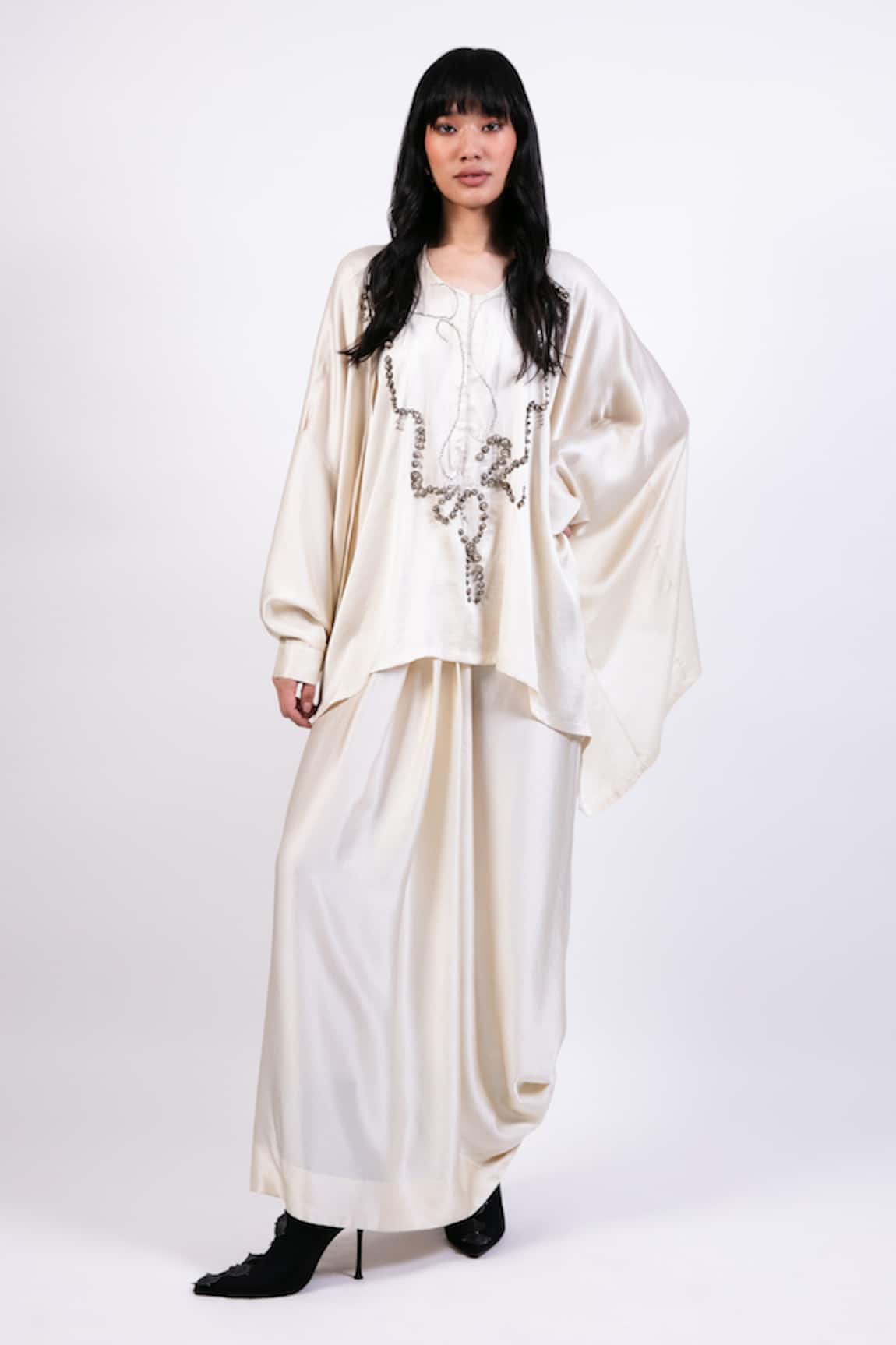 AK-OK Cream Silk Kaftan & Draped Skirt Set 