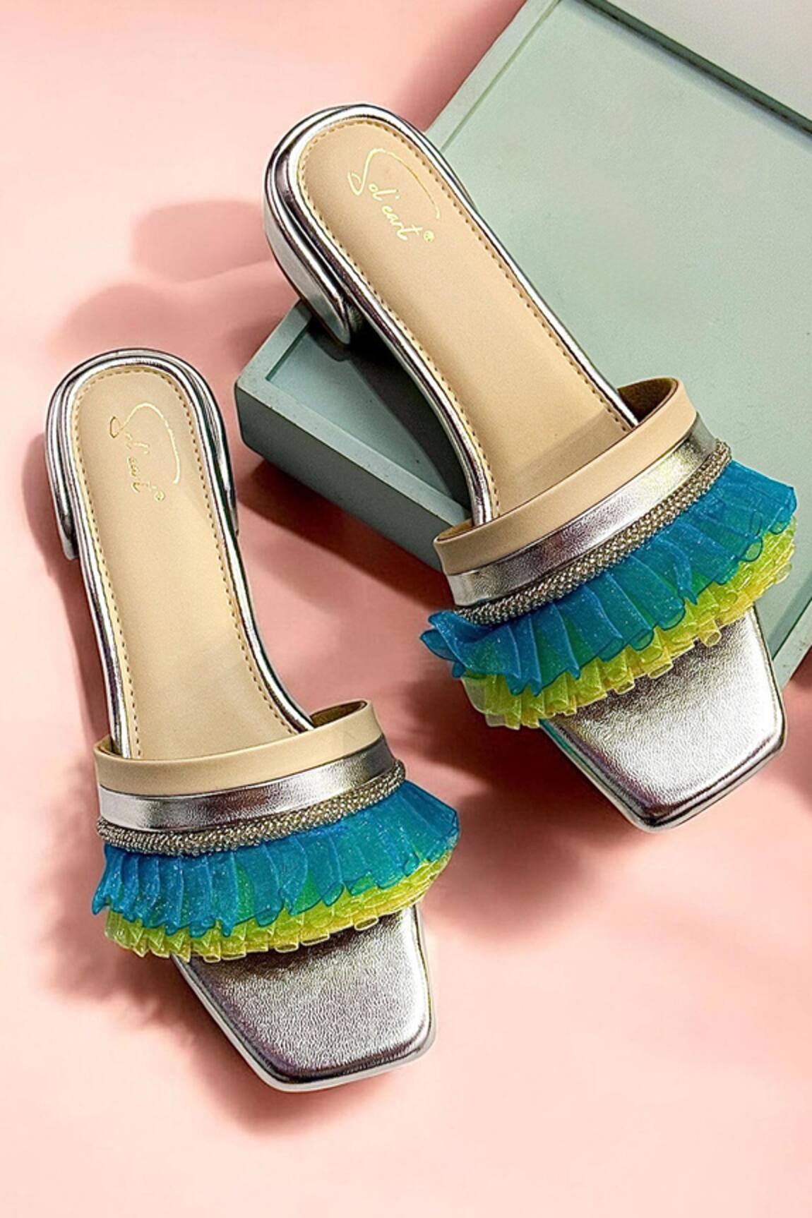 Soleart Chic Blue & Green Ruffle Heels