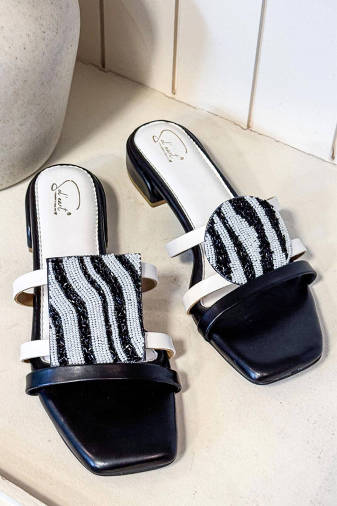 Soleart Zebra Beaded Black & White Flats