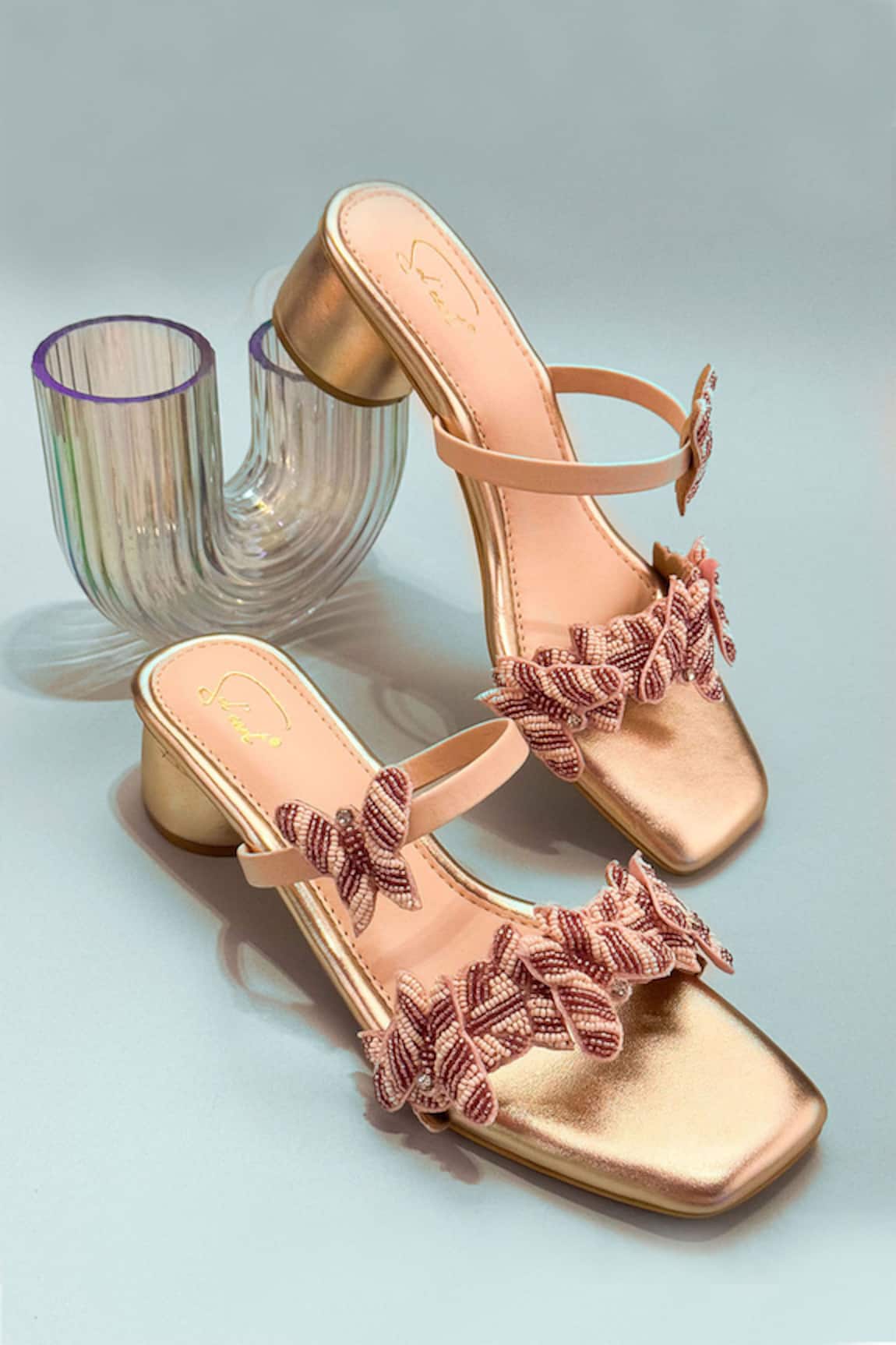 Soleart Rose Gold Designer Heels with Ruffle Detail