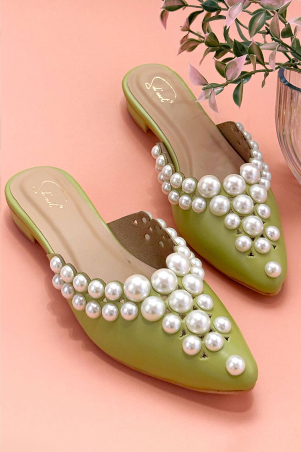 Soleart Charlotte Green Pearl Embellished Heels