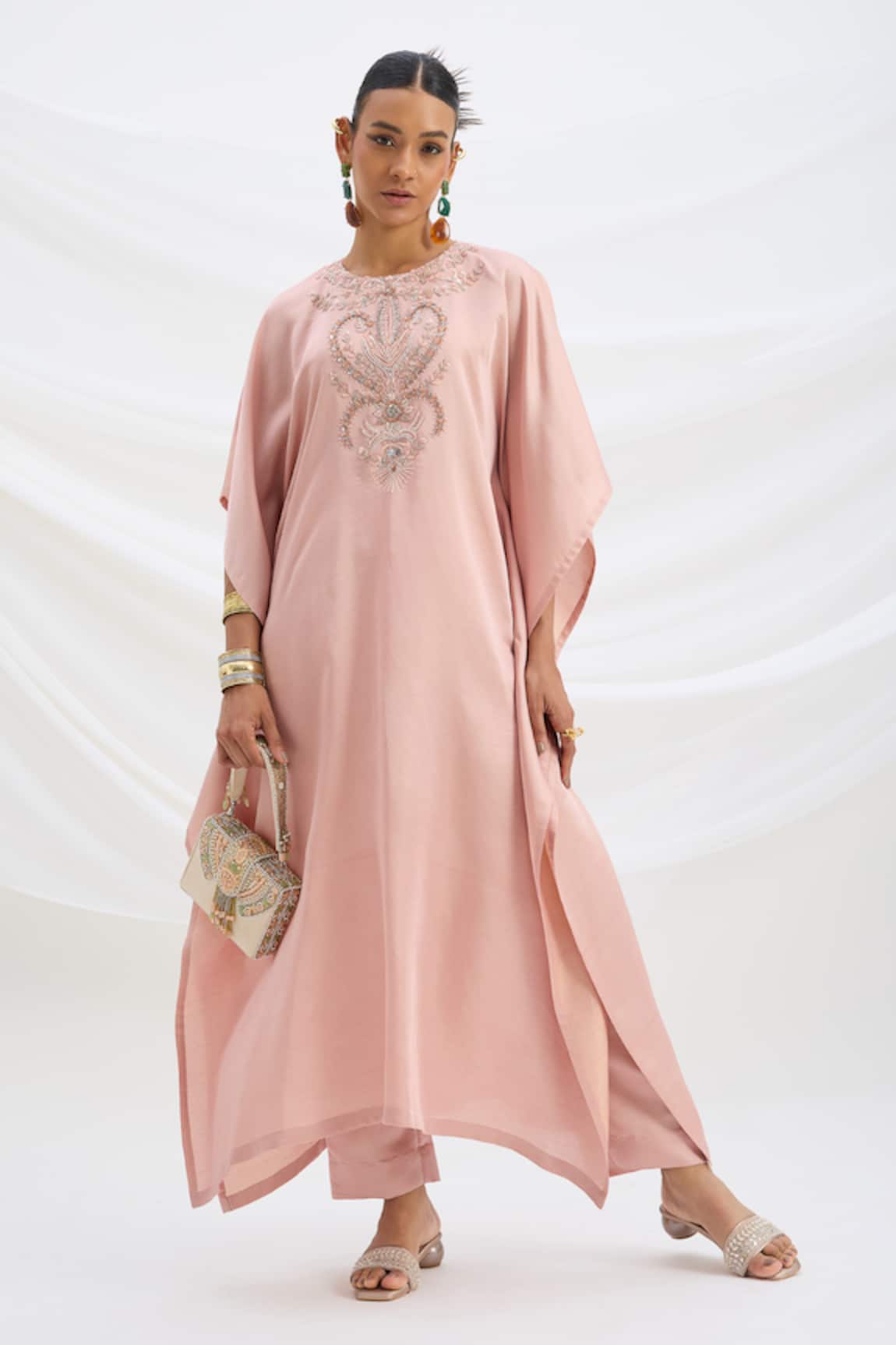 Mirroir Peach Pink Embroidered Kaftan & Pant Set 