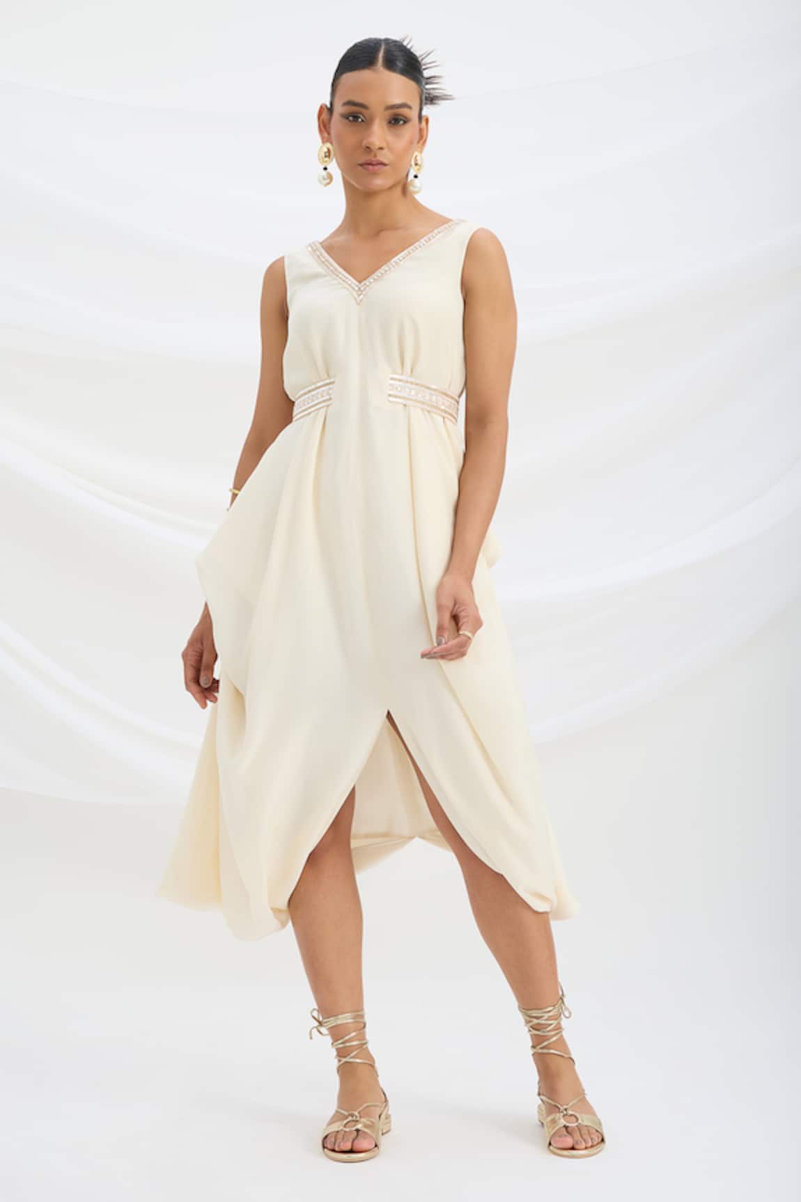 Mirroir Beige Draped Midi Dress 