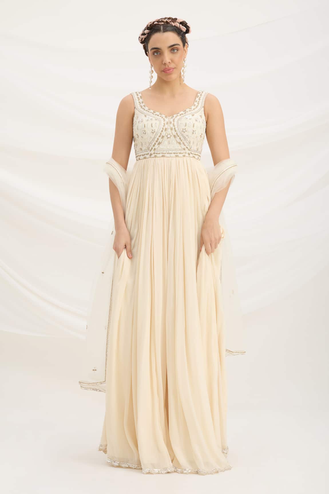Mirroir Beige Chiffon Embellished Maxi Dress Set 