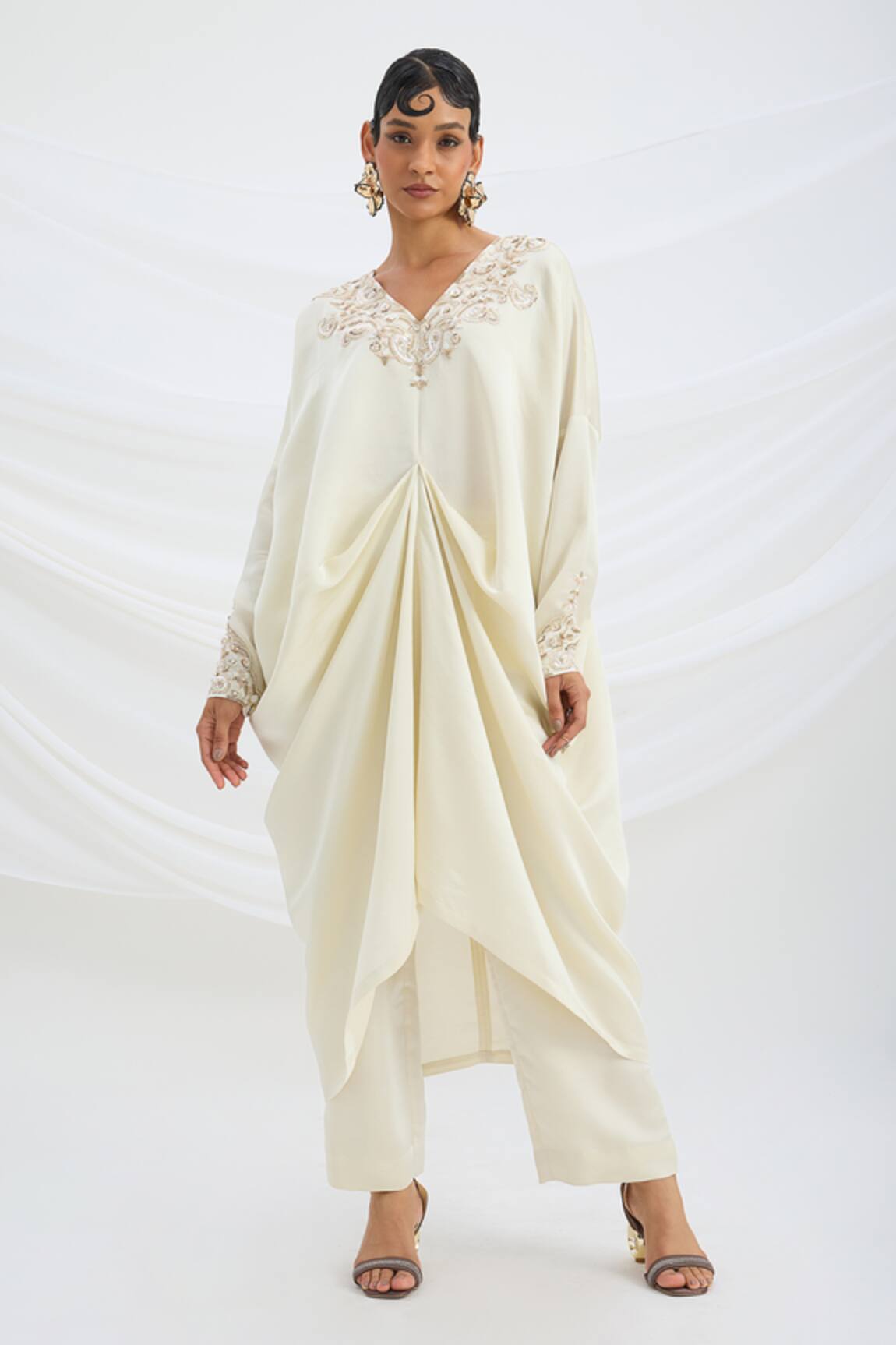 Mirroir Beige Embroidered Kaftan & Pant Set 