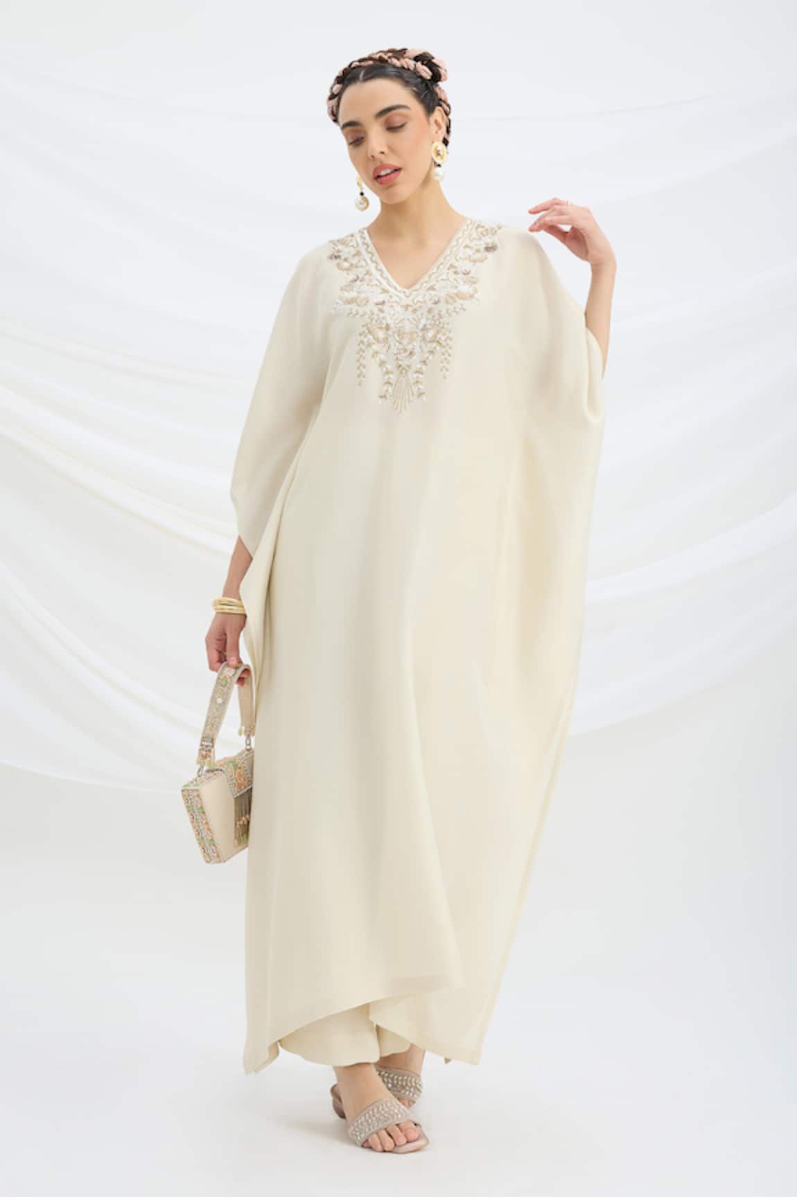 Mirroir Beige Embroidered Kaftan & Pant Set 