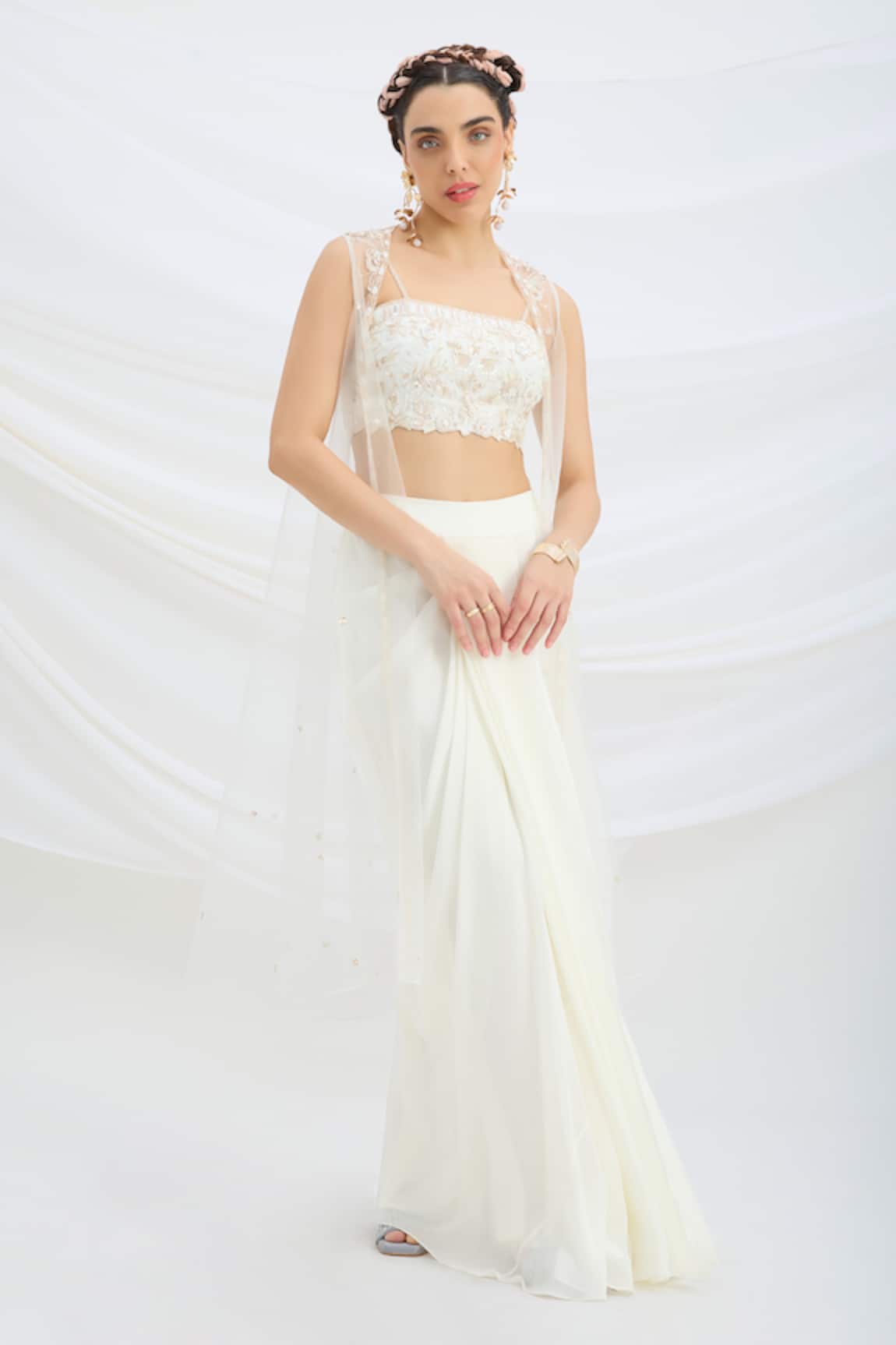 Mirroir Off White Jacket & Draped Skirt Set 