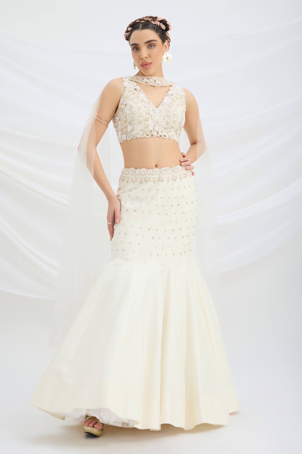 Mirroir Beige Embroidered Fusion Lehenga Set 