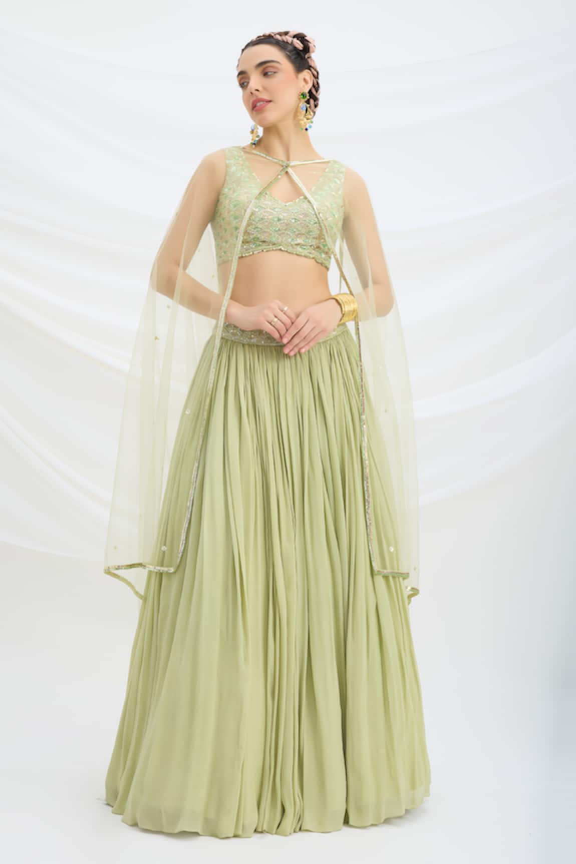 Mirroir Pista Green Chiffon Lehenga Set 