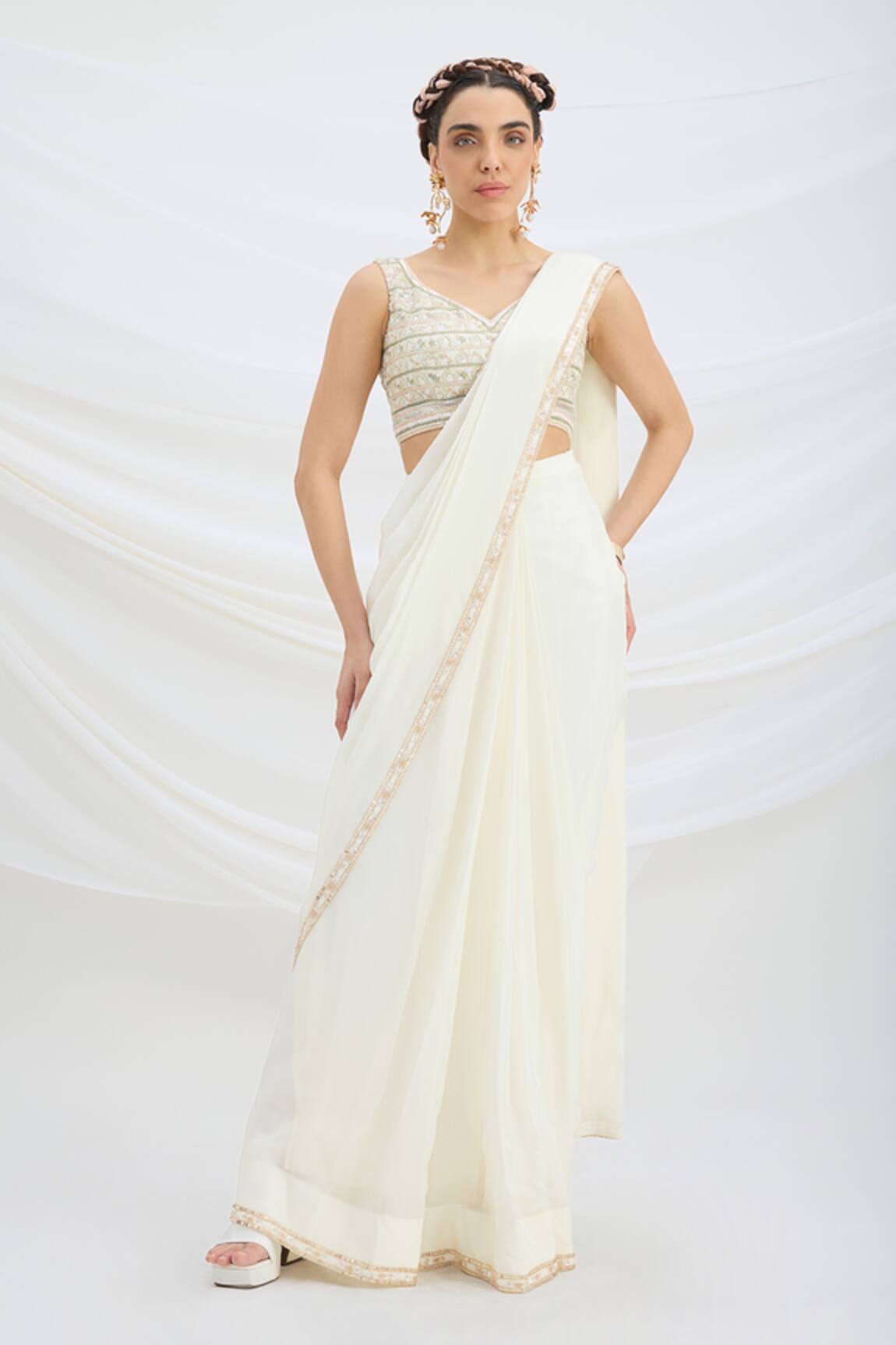Mirroir Designer Off White Pre-Draped Saree Set 