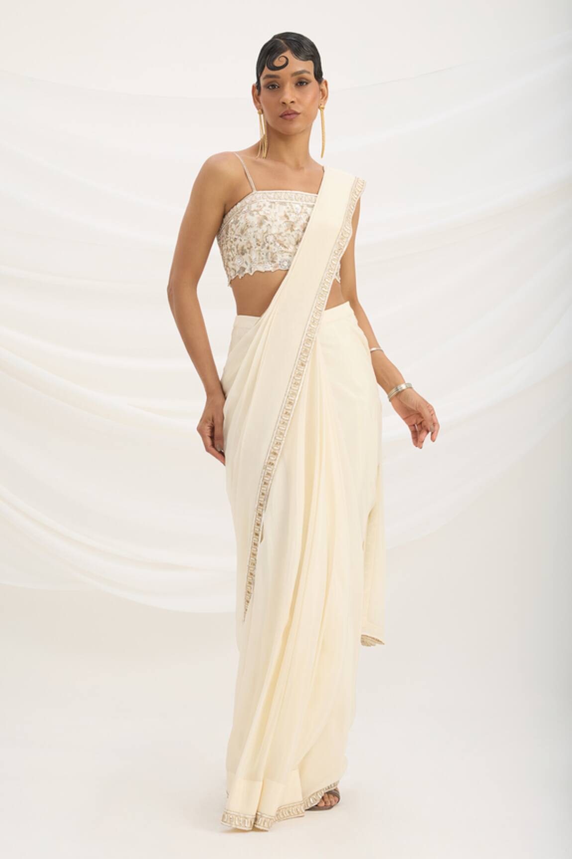 Mirroir Beige Pre-Draped Saree Set 