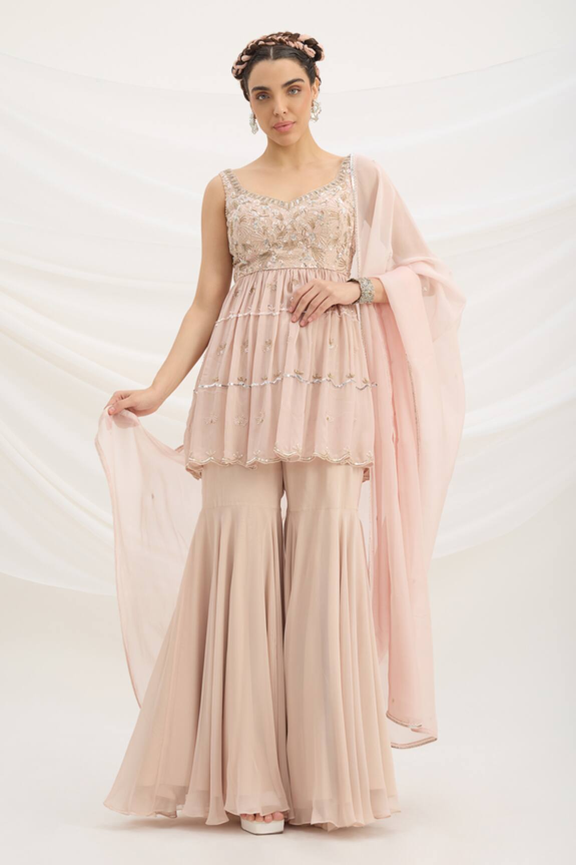 Mirroir Light Pink Embroidered Kurta Sharara Set 
