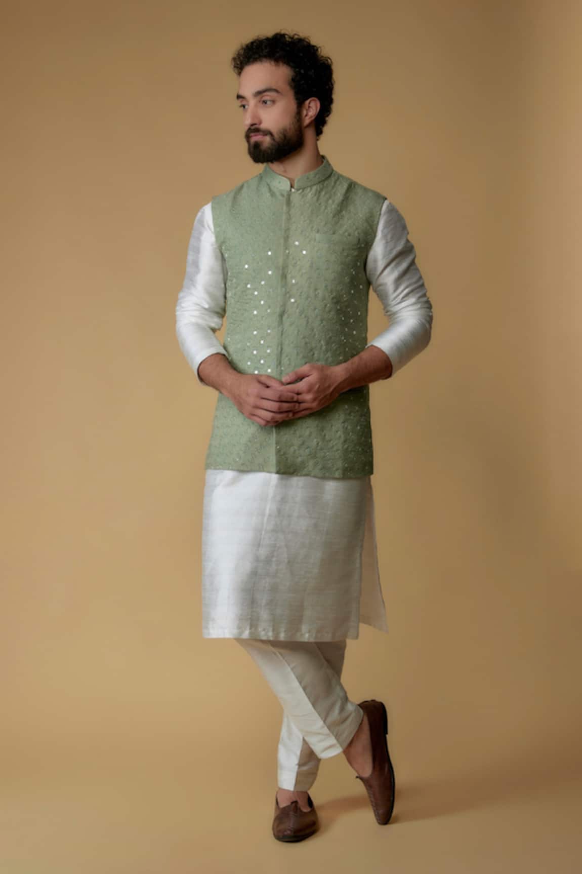 Ritambh By Rishi & Sachin Green Cotton Lurex Nehru Jacket 