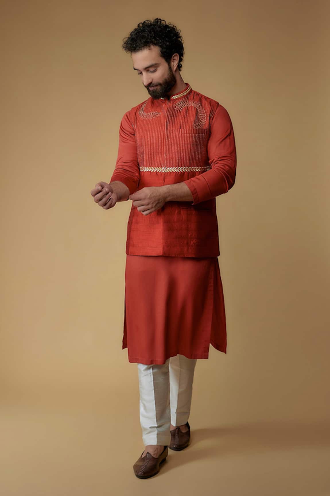 Ritambh By Rishi & Sachin Red Silk Bundi & Kurta Set 