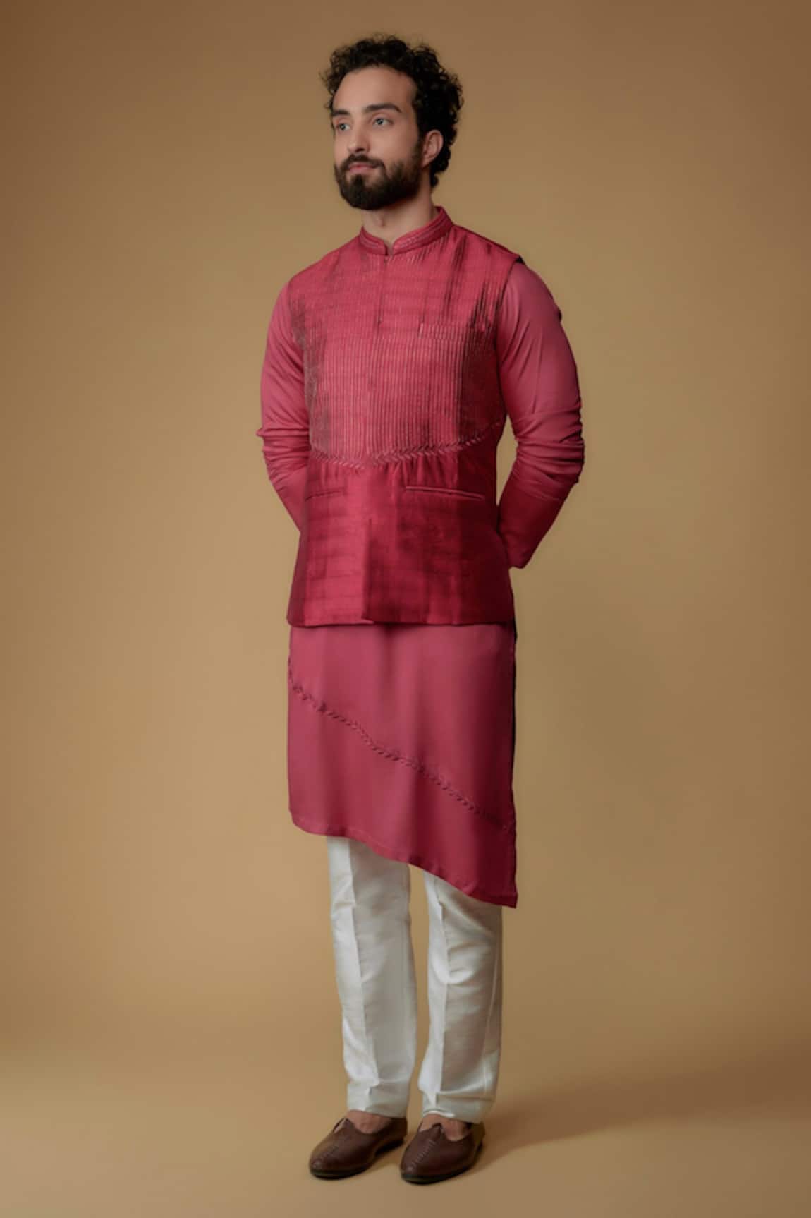 Ritambh By Rishi & Sachin Pink Silk Bundi & Kurta Set 