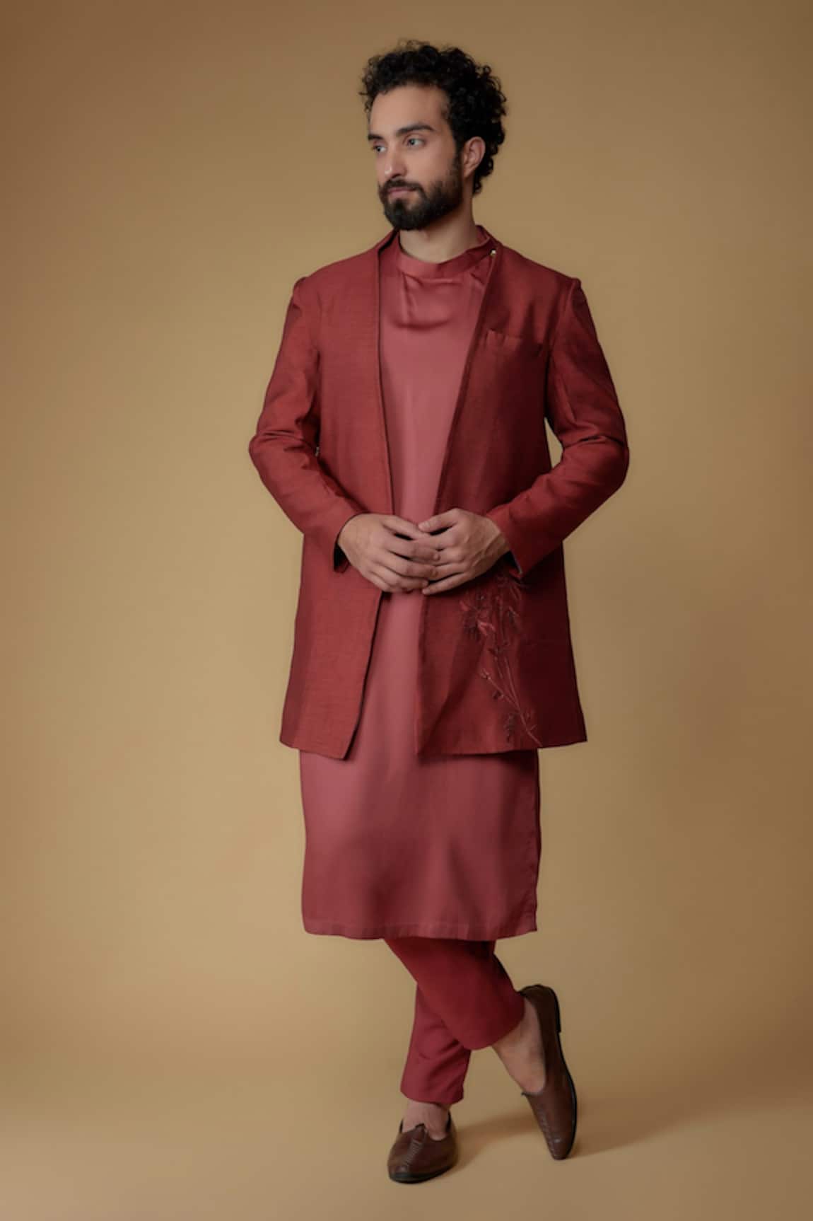 Ritambh By Rishi & Sachin Plain Red Silk Kurta Set 