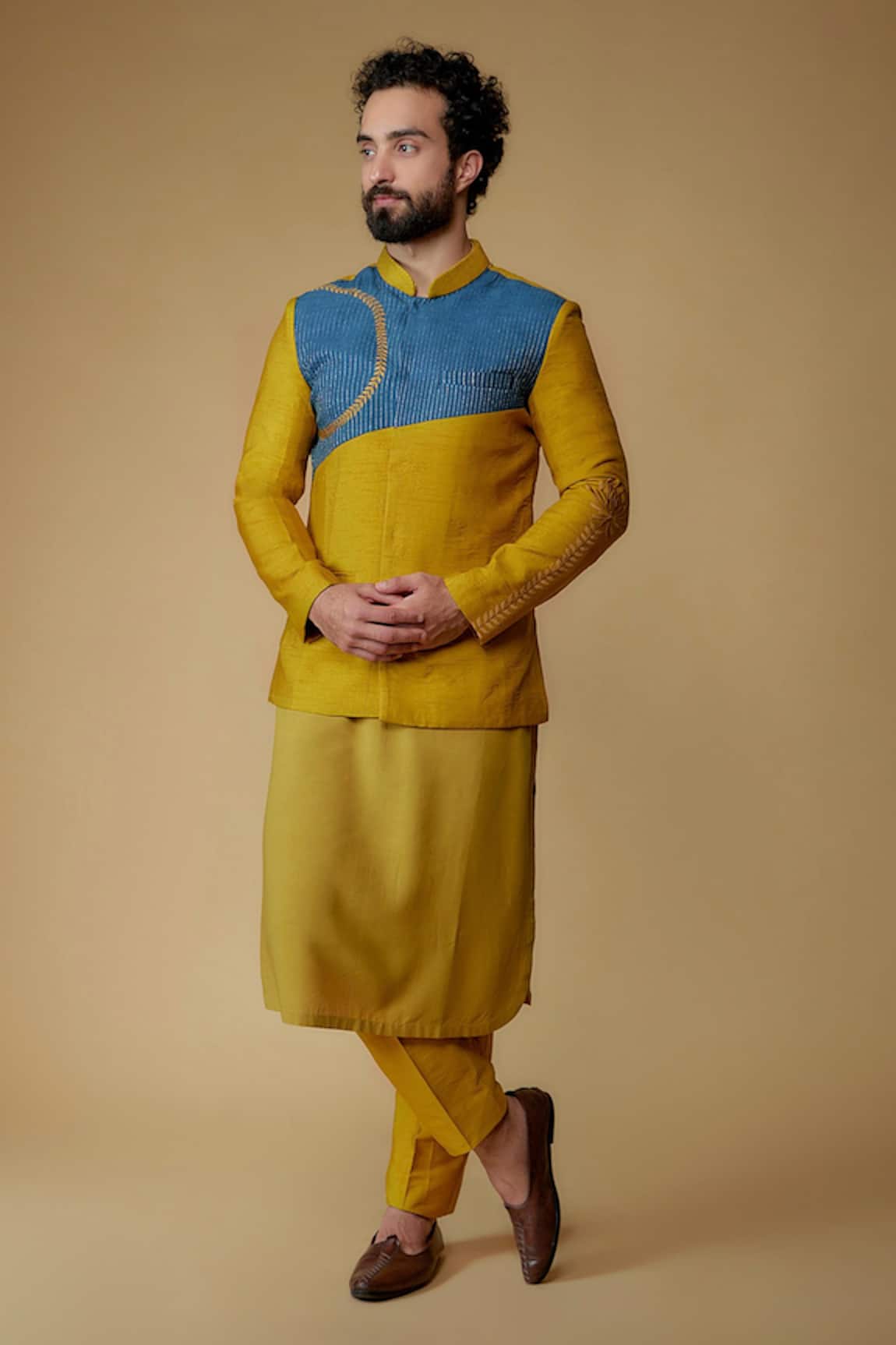 Ritambh By Rishi & Sachin Yellow Silk Kurta Set With Jacket 